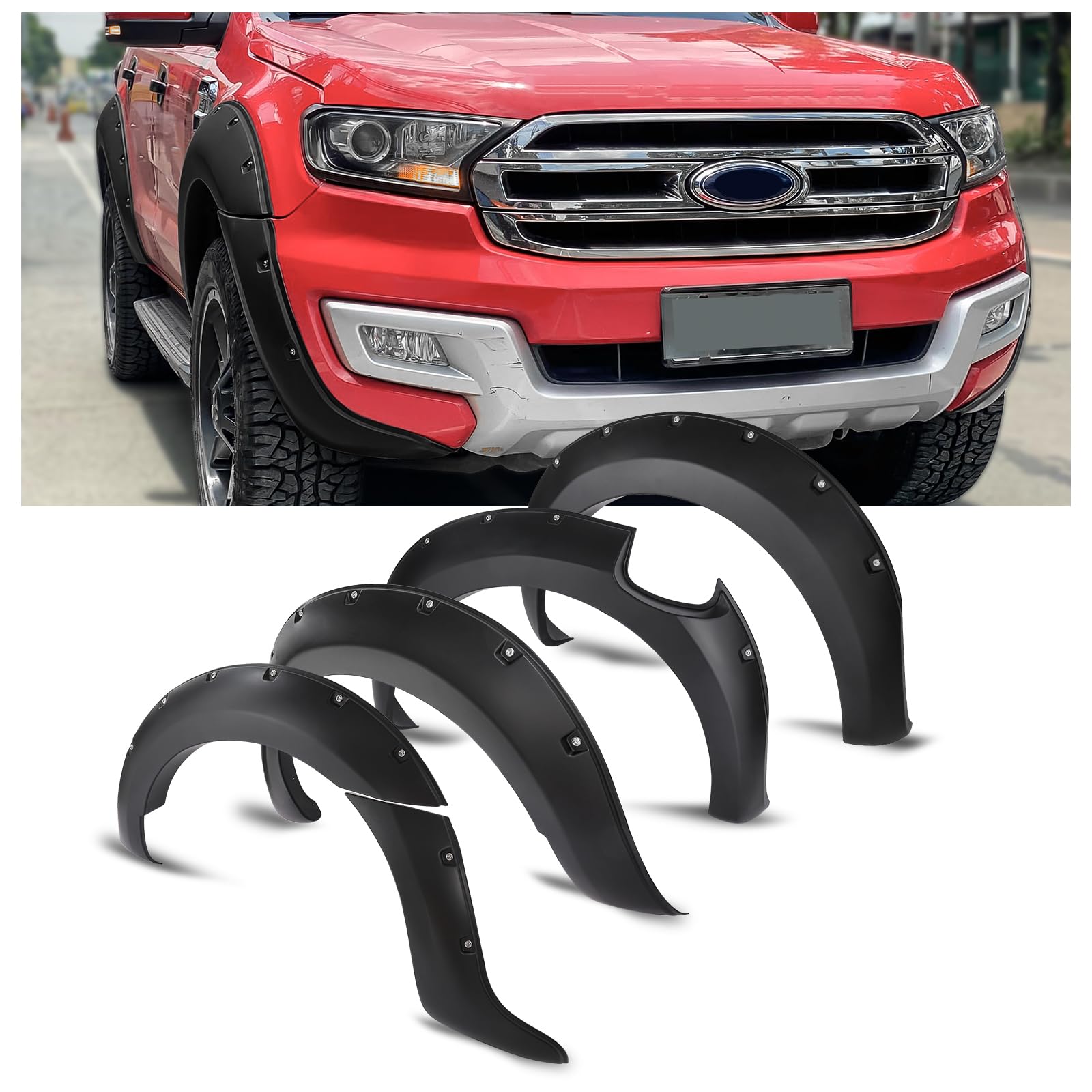 JHCHAN Kotflügelverbreiterung 9 Zoll groß Fender Flares für Ford Ranger T7 2015-2018 Doppelkabine Wildtrak XL XLT Tremor Limited Platinum Raptor Radkastenverlängerung, 35mm verbreitern von JHCHAN