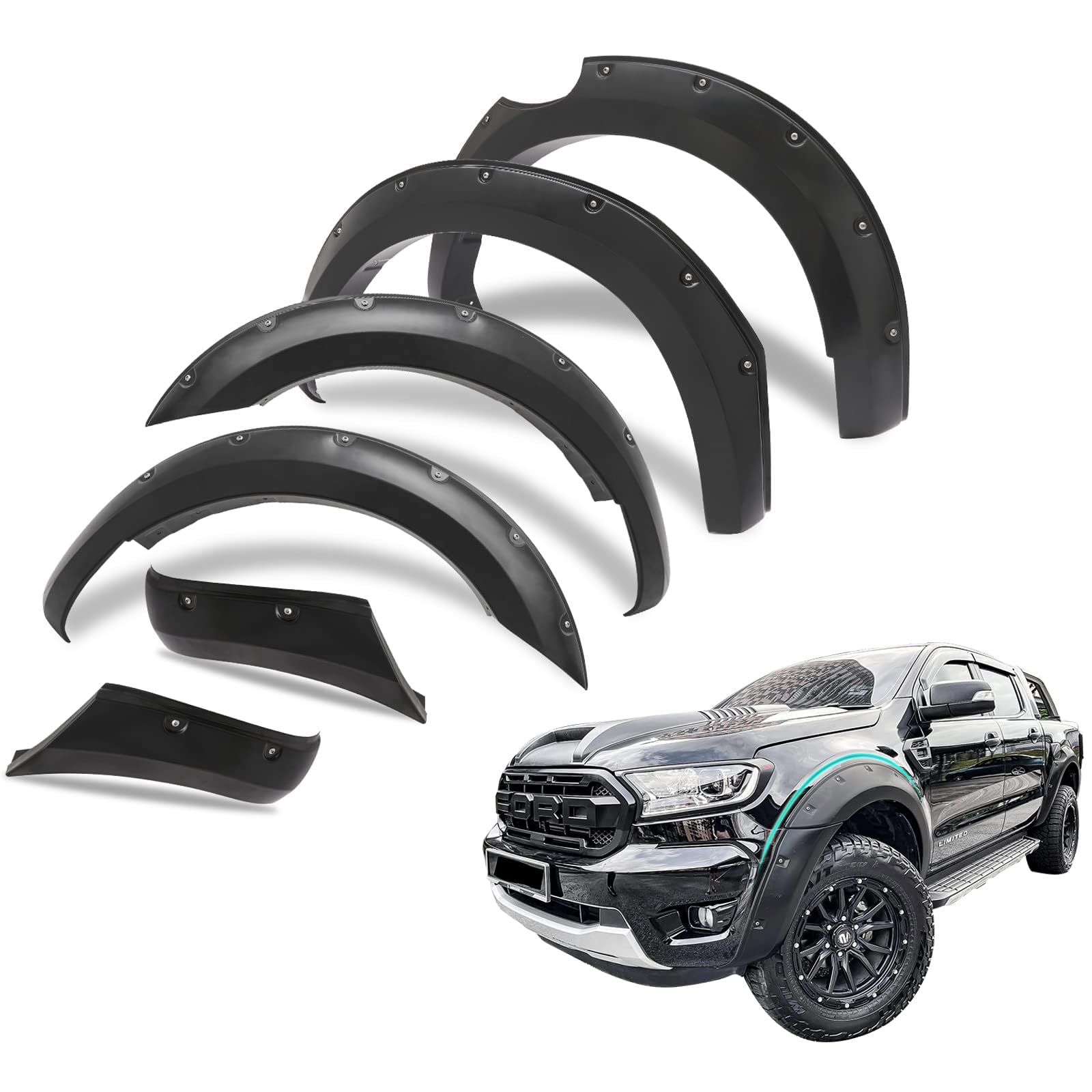 JHCHAN Radkästen Kotflügelverbreiterungen für Ford Ranger 2015-2022 Wildtrak Limited XL XLT Platinum Tremor Raptor T7 T8 MK2 MK3 Doppelkabinen (OHNE PDC) von JHCHAN