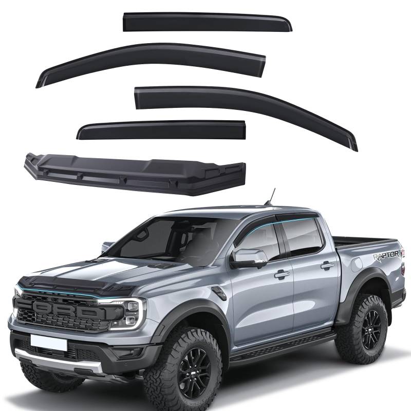 JHCHAN Steinschlagschutz und Windabweiser Zubehör für Ford Ranger 2023-2024 T9 Wildtrak Raptor Platinum XL XLT Limited Tremor Wildtrak X(Motorhaubenschutz +Winddeflektoren) von JHCHAN