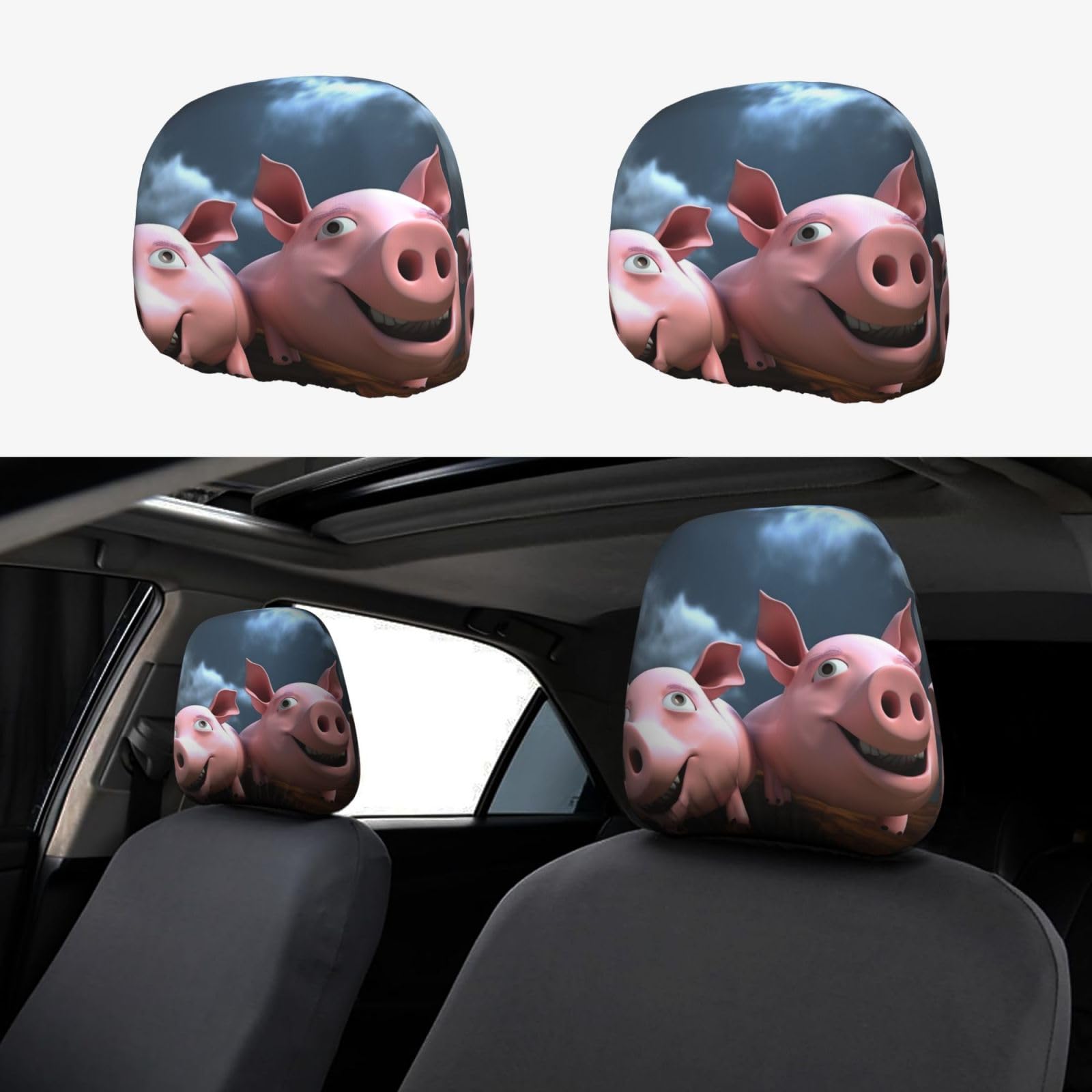 JHLMN Funny 3D Piggies Autositz-Kopfstützenbezug, dehnbar, atmungsaktiv, universelle Kopfstützenbezüge für Autos, lustiger SUV-Sitz, Kopfstützenschutz, passend für die meisten Autos, Limousinen, von JHLMN