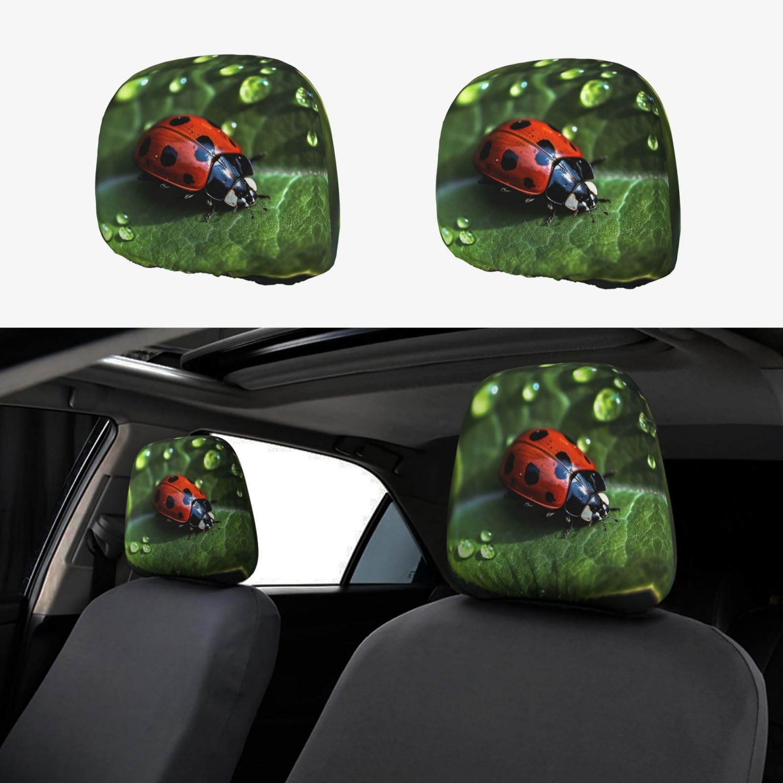 JHLMN Little Ladybug Autositz-Kopfstützenbezug, dehnbar, atmungsaktiv, universelle Kopfstützenbezüge für Autos, lustiger SUV-Sitz, Kopfstützenschutz, passend für die meisten Autos, Limousinen, von JHLMN