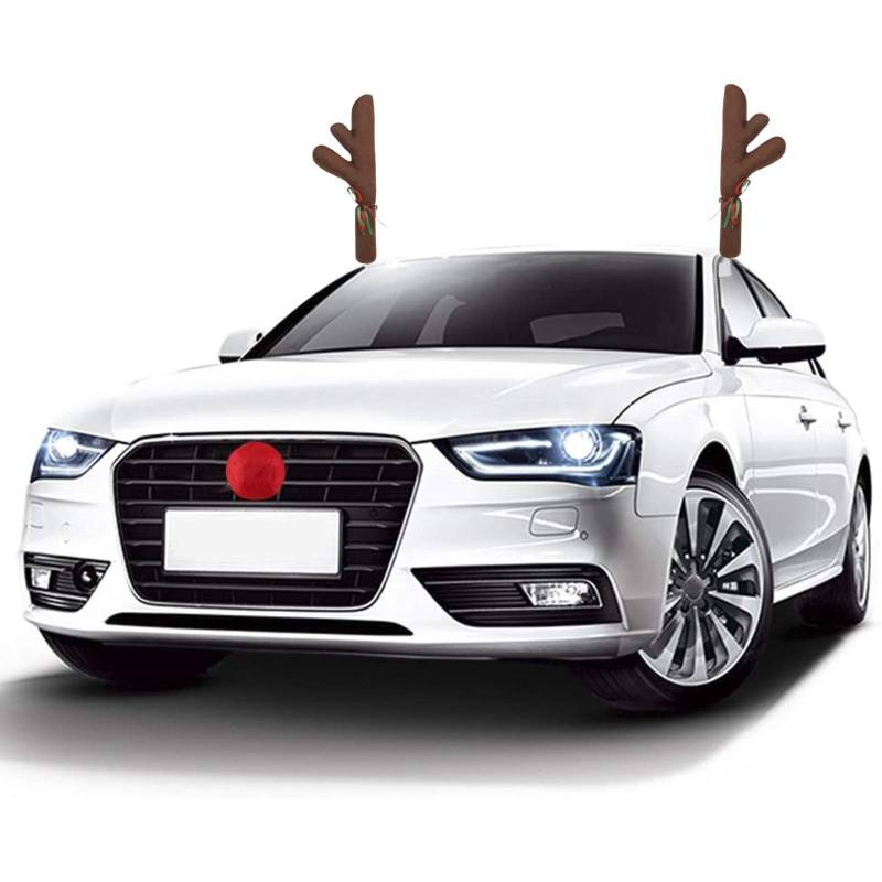 Rentiergeweih Weihnachtsdeko für Auto, Rentier Auto Rudolf Auto Rentier Deko kostüm KFZ Zubehör Plüsch Rudolf der Rentier Geweihe und Rote Nase für Truck Van SUV von JIAHG