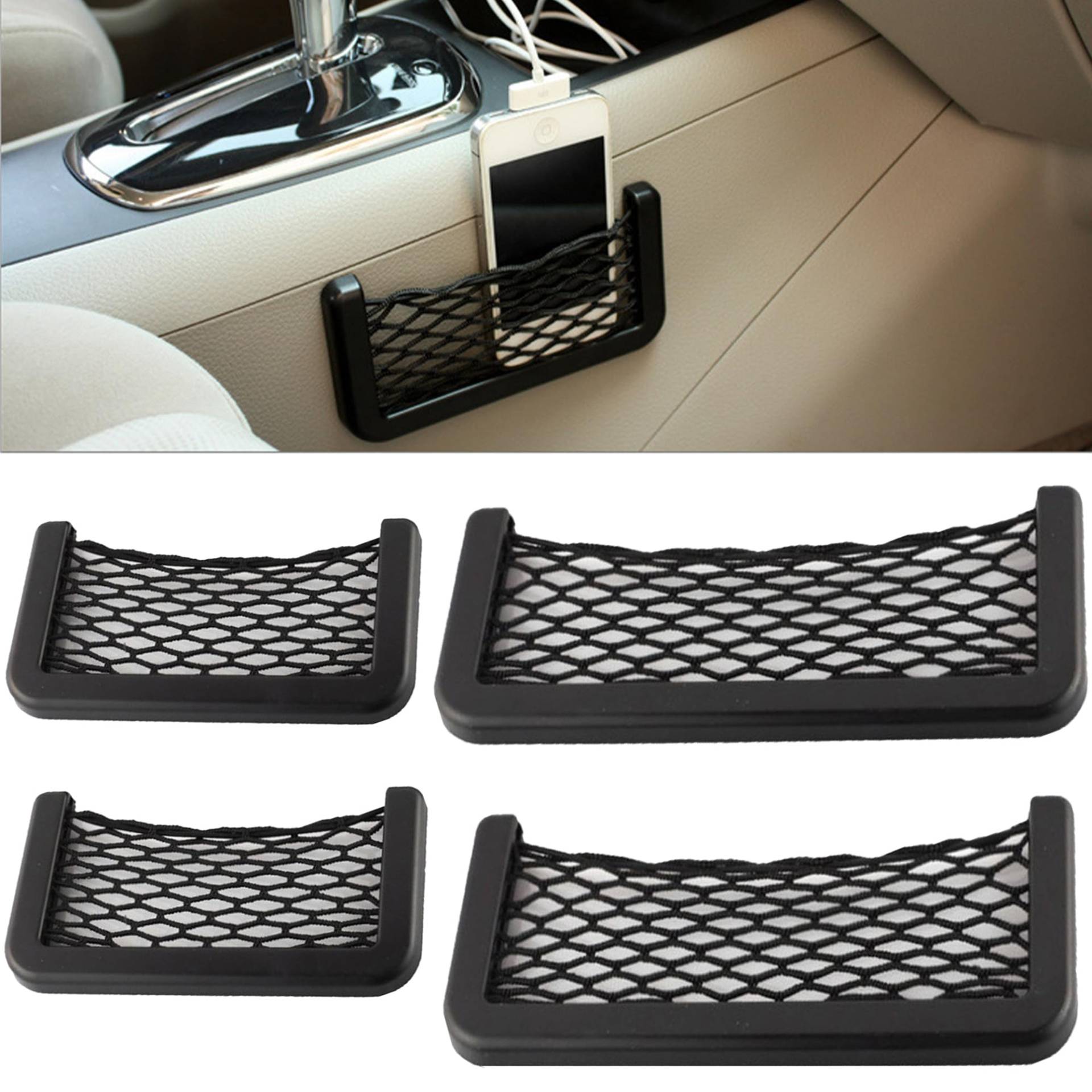 JIAMIAN 4 Stück Schwarz Car Storage Net Automotive Pocket, Selbstklebend Elastisch Ablagenetz Auto Kofferraum Aufbewahrungsnetz Tasche, Kofferraum Netztasche Auto (2 Größen) von JIAMIAN