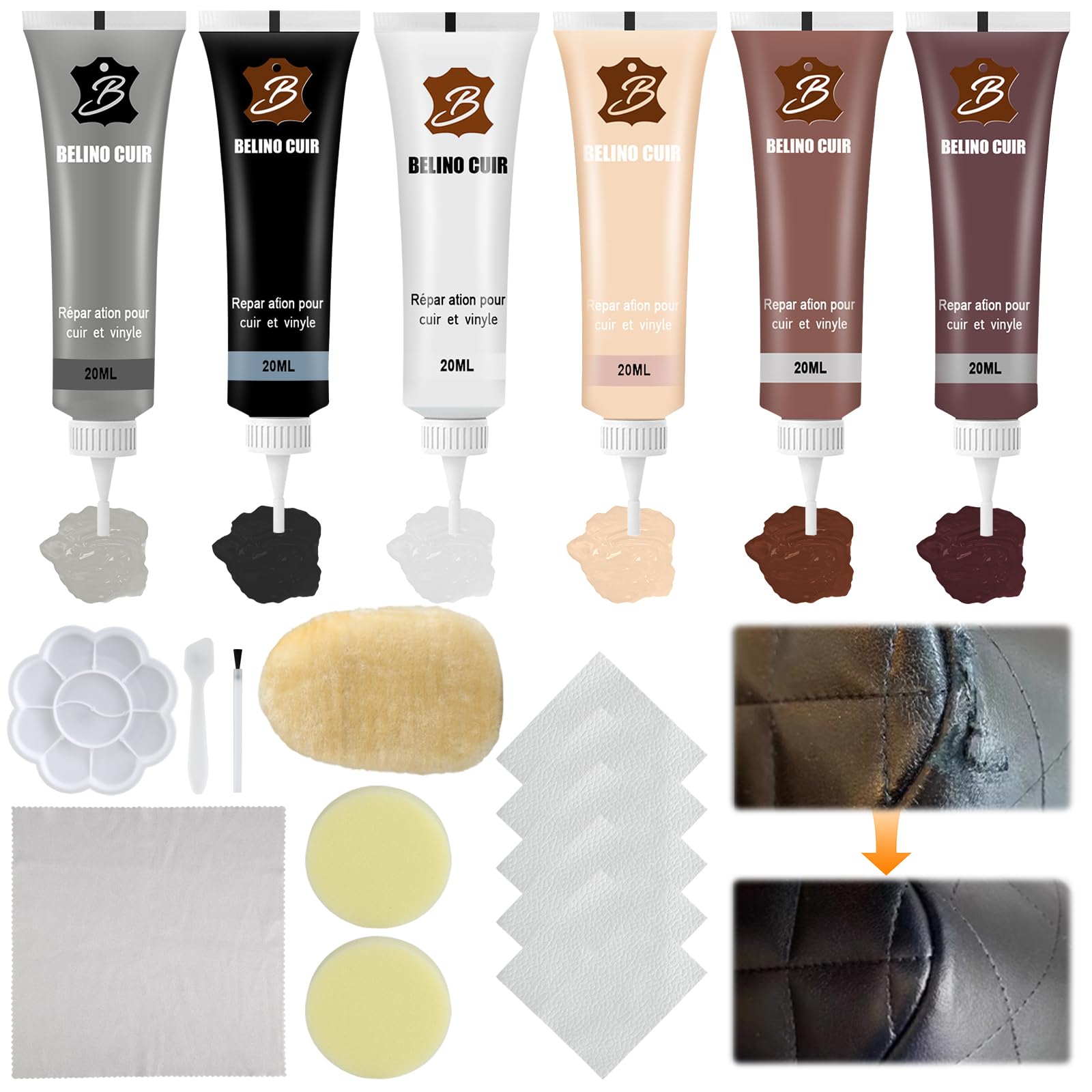 JIANGZHIB Lederreparatur Creme, 6 Farben Leder Reparatur Set, Kunstleder Reparaturset mit Dicke Handschuhe, Schwamm und Handtuch, Lederreparatur Set für Autositze, Sofa, Lederjacke, Schuhe von JIANGZHIB