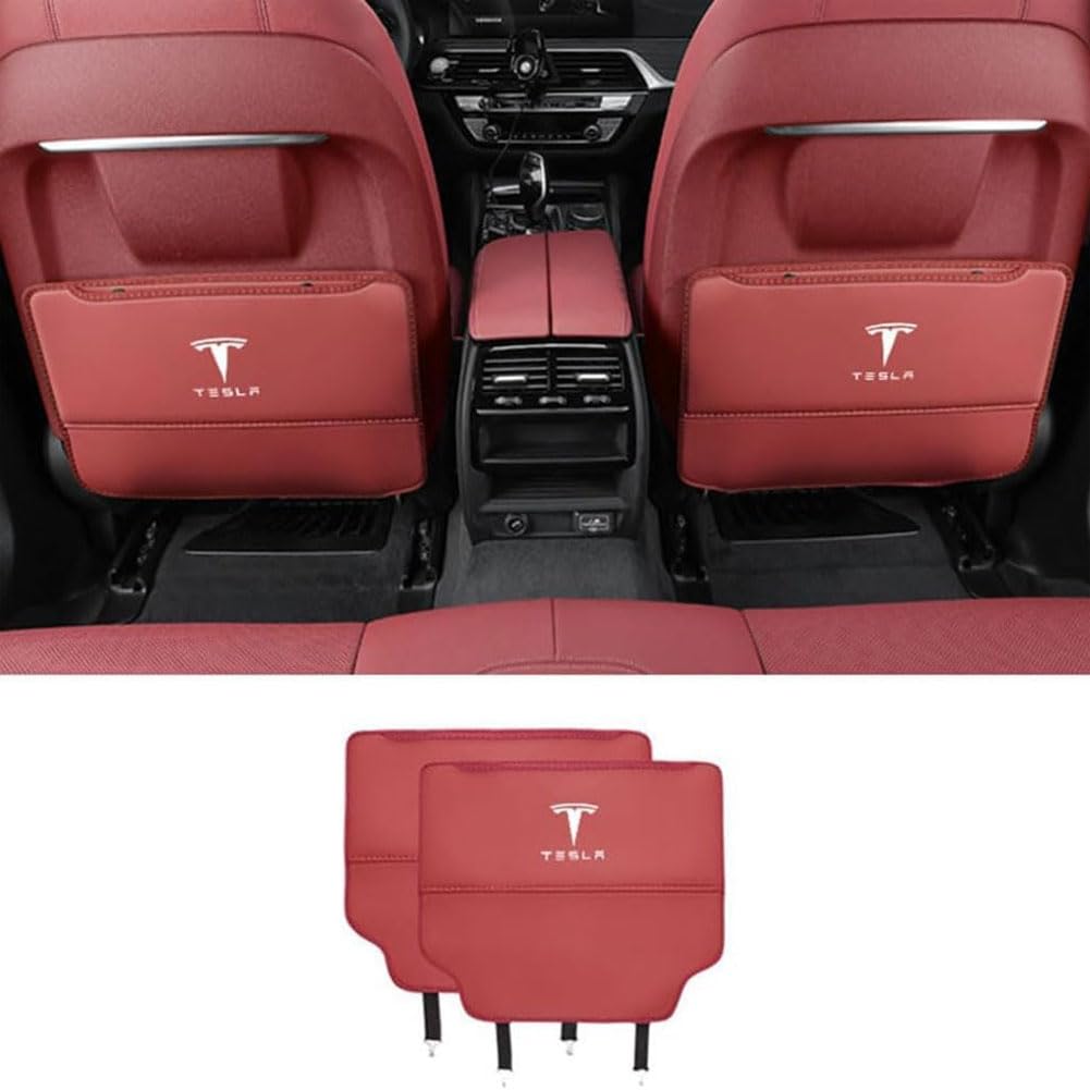 JIANQIAOFEI Auto Rücksitz Anti Kick Pad für Tesla Model S 2012-2024, 2 Stück Pu Leder Rückenlehne Anti-Kick Pads Autositz Rückenlehnenschutz Mit Taschen,S-C/Red von JIANQIAOFEI