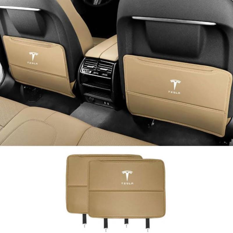 JIANQIAOFEI Auto Rücksitz Anti Kick Pad für Tesla Model S 2016-2024, 2 Stück Pu Leder Rückenlehne Anti-Kick Pads Autositz Rückenlehnenschutz Mit Taschen,S-D/Beige von JIANQIAOFEI