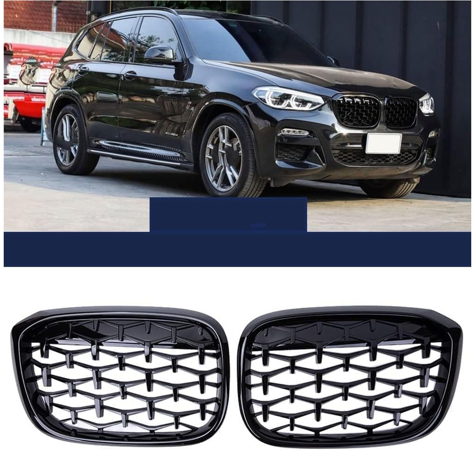 Kühlergrill Außentuning-Zubehörteile für BMW X3 G01 G08 X4 G02 2018 2019 2020 2021, Auto Frontgrill Vorderen Stoßfänger Grill Auto Grill Ersatz Zubehör,Black von JIANXKILB