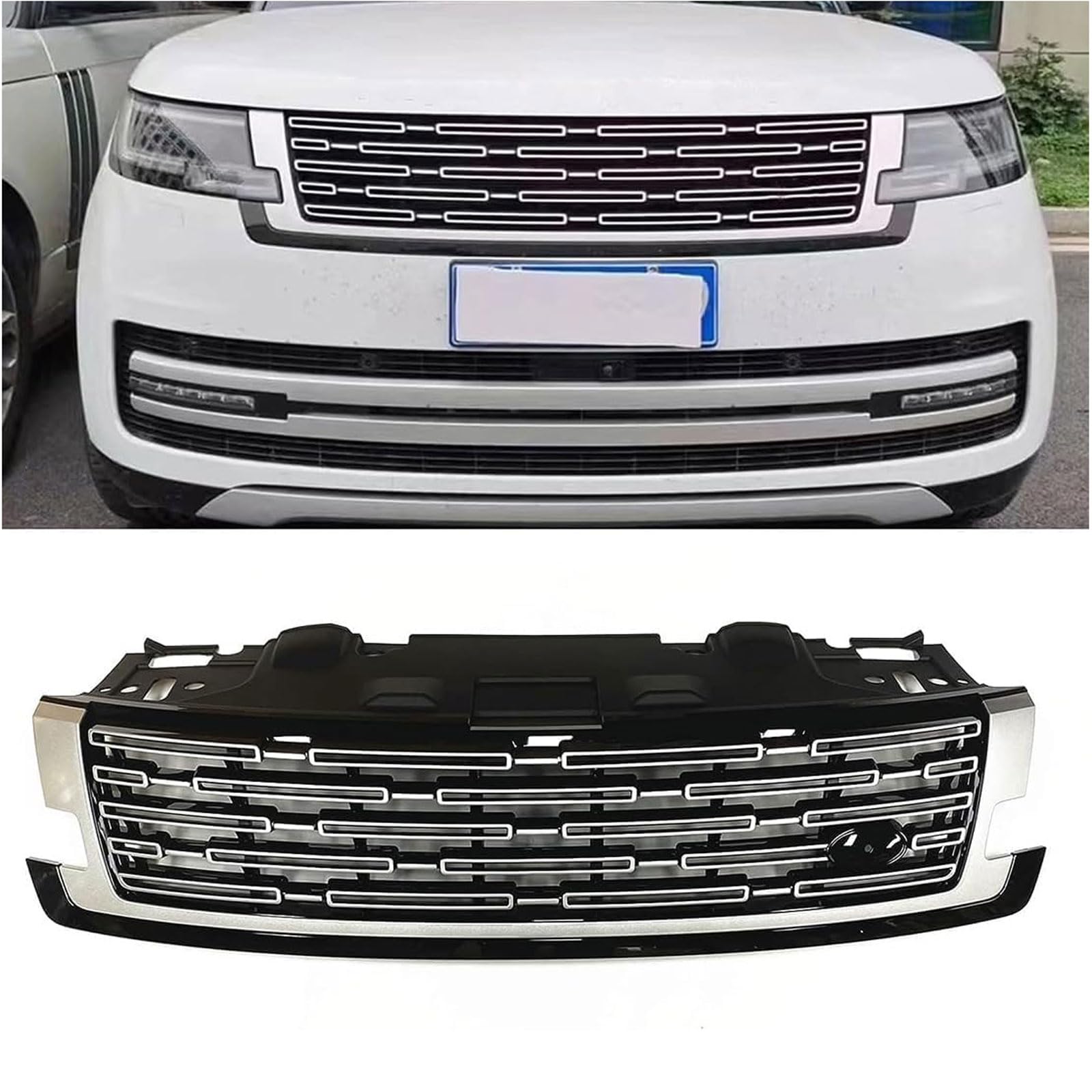 Kühlergrill Außentuning-Zubehörteile für Land Rover Range Rover Vogue L405 2023 2024+, Auto Frontgrill Vorderen Stoßfänger Grill Auto Grill Ersatz Zubehör,Black-Silver von JIANXKILB