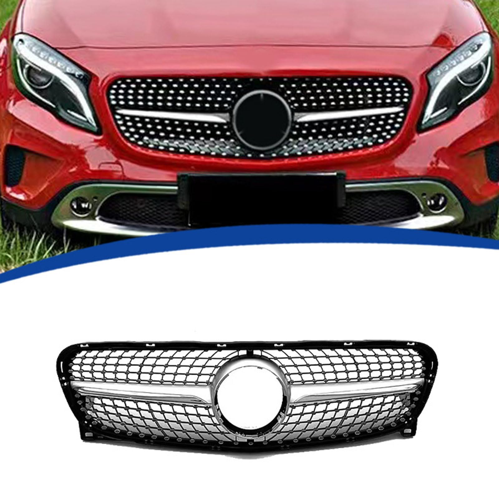 Kühlergrill Außentuning-Zubehörteile für Mercedes Benz GLA Class X156 2014 2015 2016, Auto Frontgrill Vorderen Stoßfänger Grill Auto Grill Ersatz Zubehör,Silver von JIANXKILB