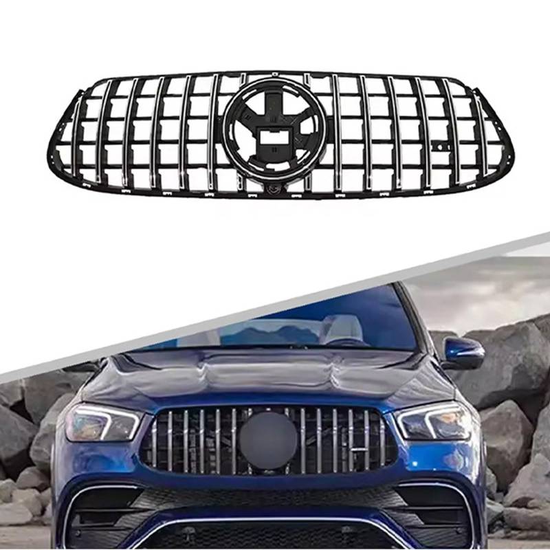 Kühlergrill Außentuning-Zubehörteile für Mercedes Benz GLE W167 2020 2021 2022 2023, Auto Frontgrill Vorderen Stoßfänger Grill Auto Grill Ersatz Zubehör,Black-Silver von JIANXKILB