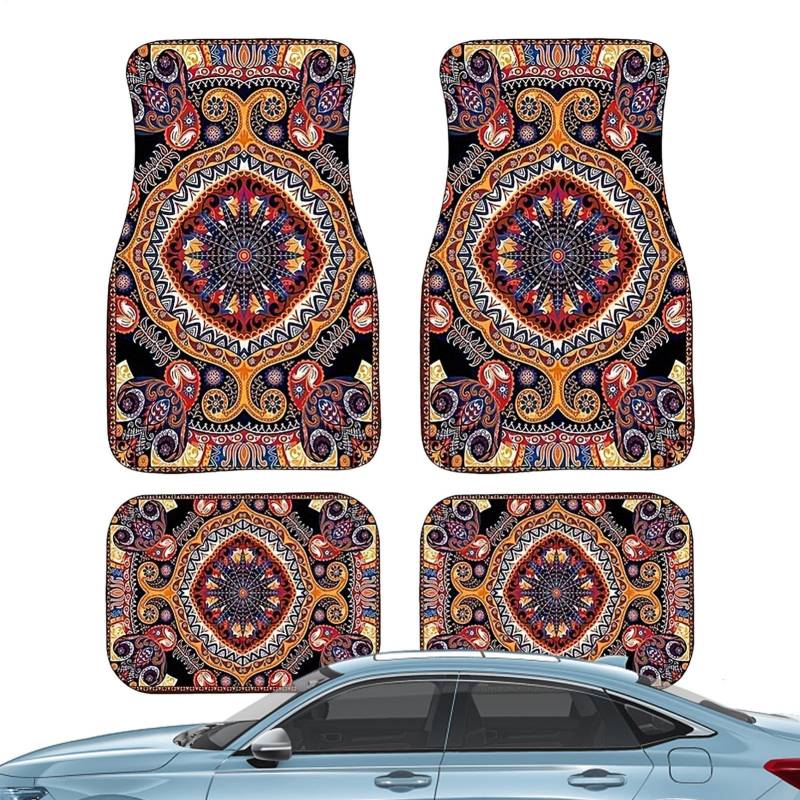 JIEBWCHA Retro Boho Auto Fußmatten Set, Retro Autoteppichmatte - 4 Stück Bohemian Auto Matten, Heavy Duty Teppiche Böhmische, Vorne Und Hinten, rutschfeste Schutzmatten Für Auto von JIEBWCHA