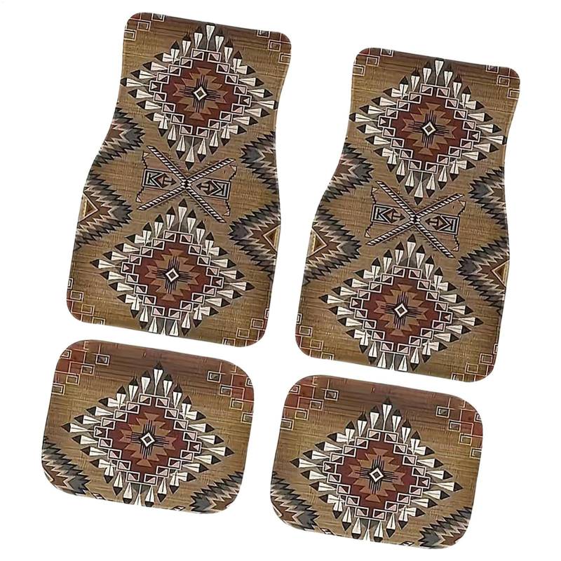 JIEBWCHA Retro Boho Auto Fußmatten Set, Retro Autoteppichmatte - 4 Stück Bohemian Auto Matten, Heavy Duty Teppiche Böhmische, Vorne Und Hinten, rutschfeste Schutzmatten Für Auto von JIEBWCHA