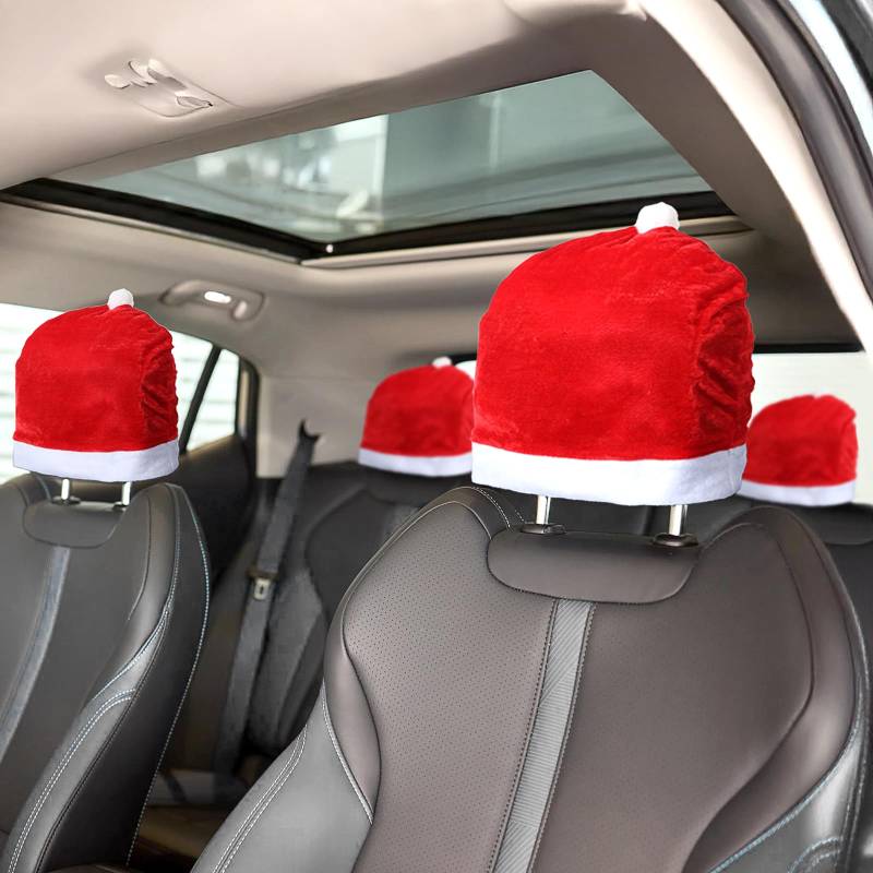 JIEYAO 4 Stück Weihnachtsmütze Kopfstützenbezüge für Autositze, Weiche Rote Weihnachtsmannmütze 36X 33cm Weihnachts Kopfstützenbezüge für Autos Lustige Weihnachts Auto Kopfstützen Bezug Auto Zubehör von JIEYAO