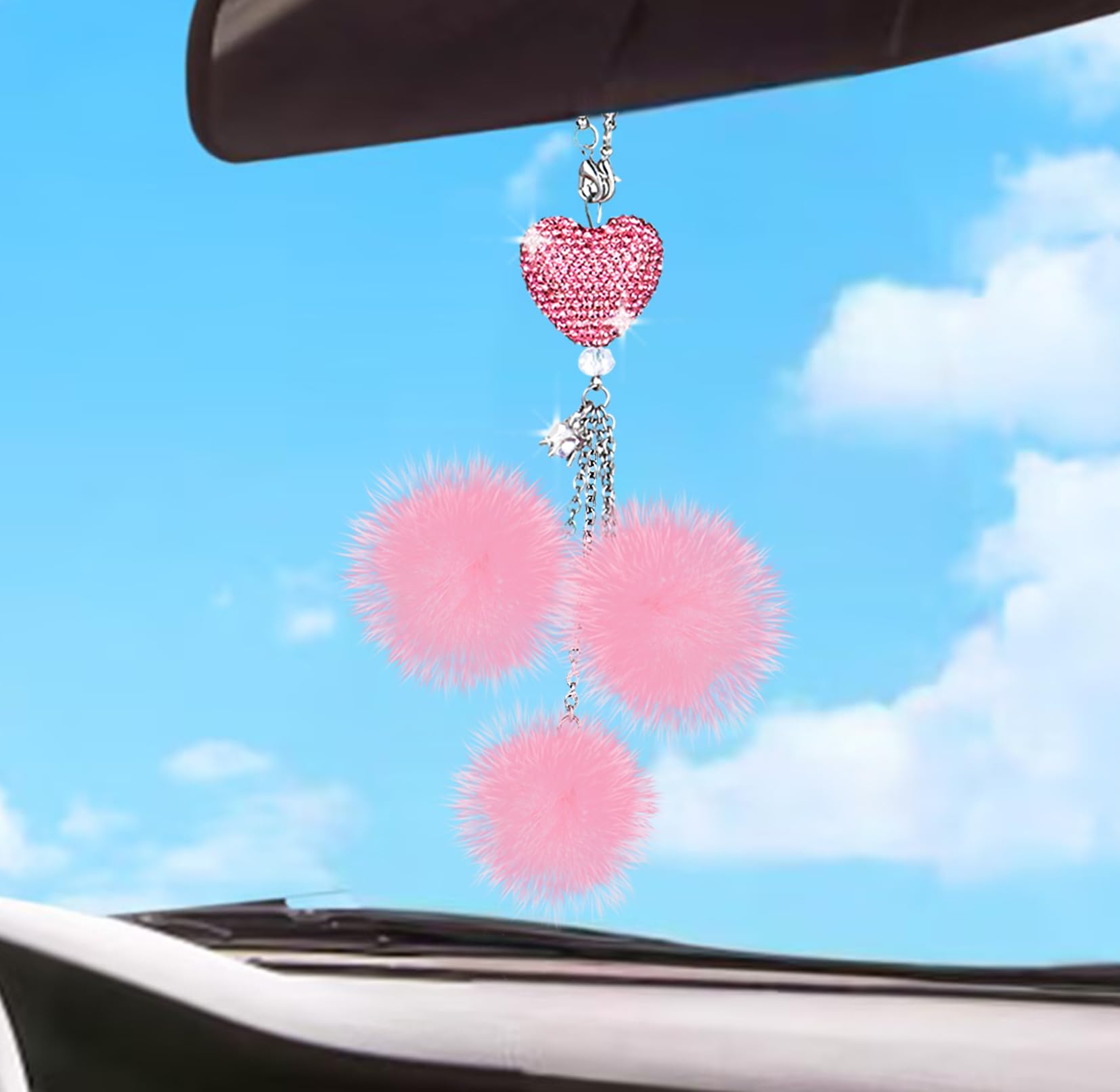 JIEYAO Auto Rückspiegel Ornament, Auto Rückspiegel Hängen Bling Strass Rückspiegel Dekoration Hanging Rosa Plüschball Auto Anhänger Auto Spiegel Anhänger Auto Innendekoration für Frauen Männer von JIEYAO