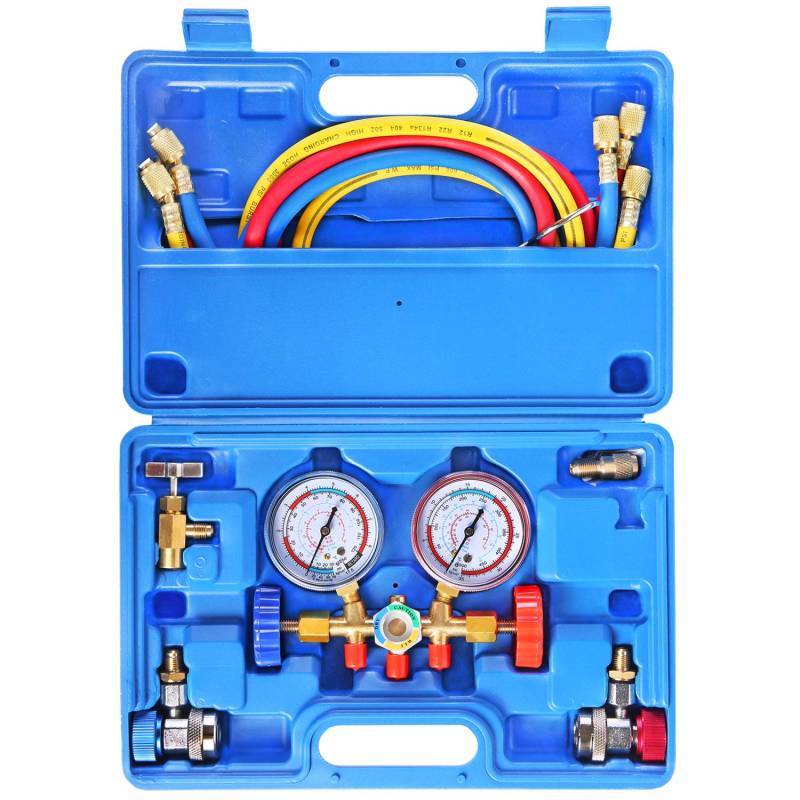 JIFETOR 3-Wege-AC-Verteiler-Set, HVAC-Diagnosegerät, Freon-Ladewerkzeug für Auto Haushalt R12 R22 R404A R134A Kältemittel, mit 1,5 m Schlauch, verstellbarer Schnellkupplung, Dosenhahn und ACME-Adapter von JIFETOR