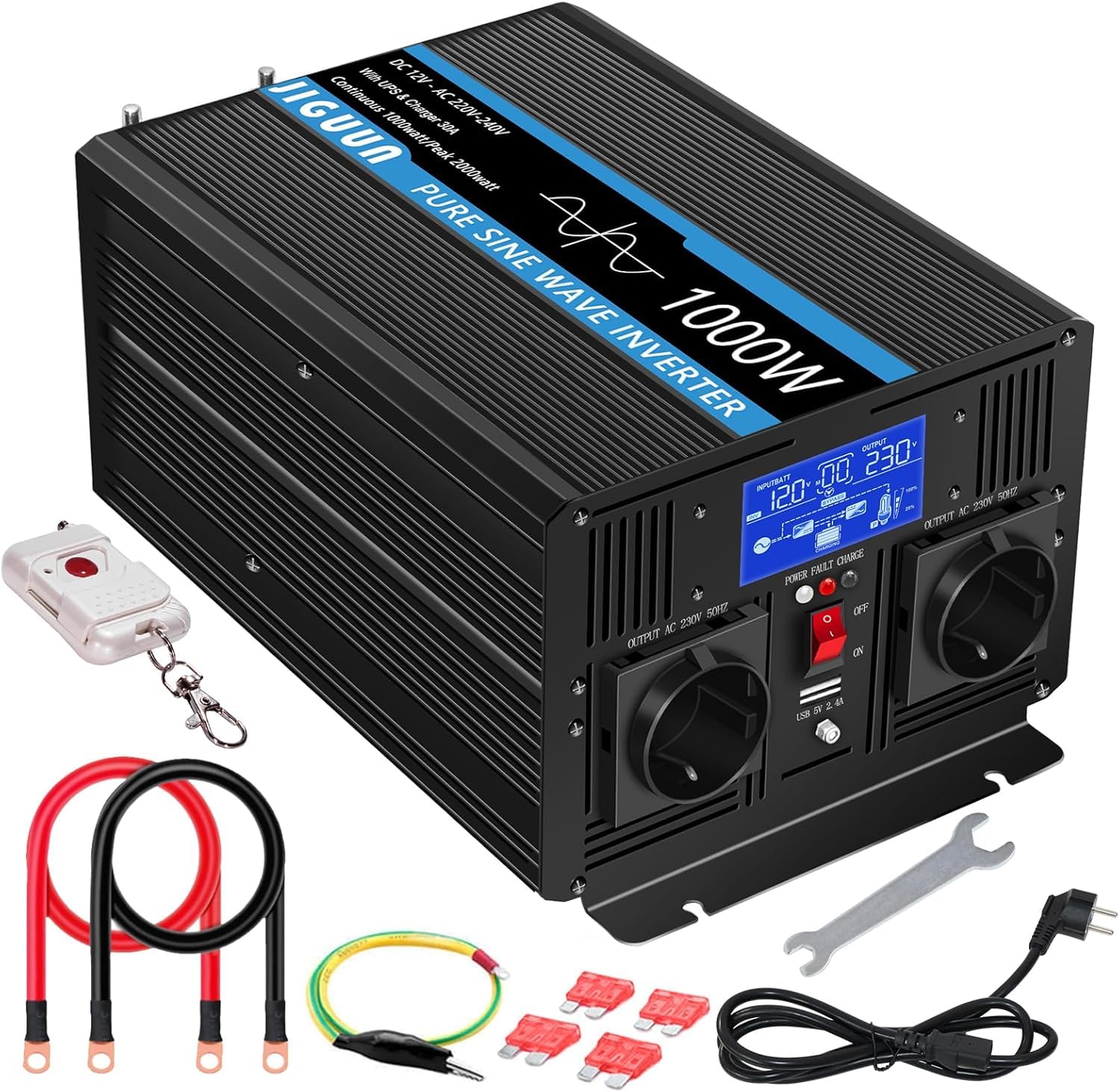 JIGUUN 1000W Wechselrichter Reiner Sinus Spannungswandler 12V 230V Mit 30A-Ladegerät und Netzvorrangschaltung und USV, 2 EU Steckdosen，Kabellose Fernbedienung und LCD-Anzeige von JIGUUN