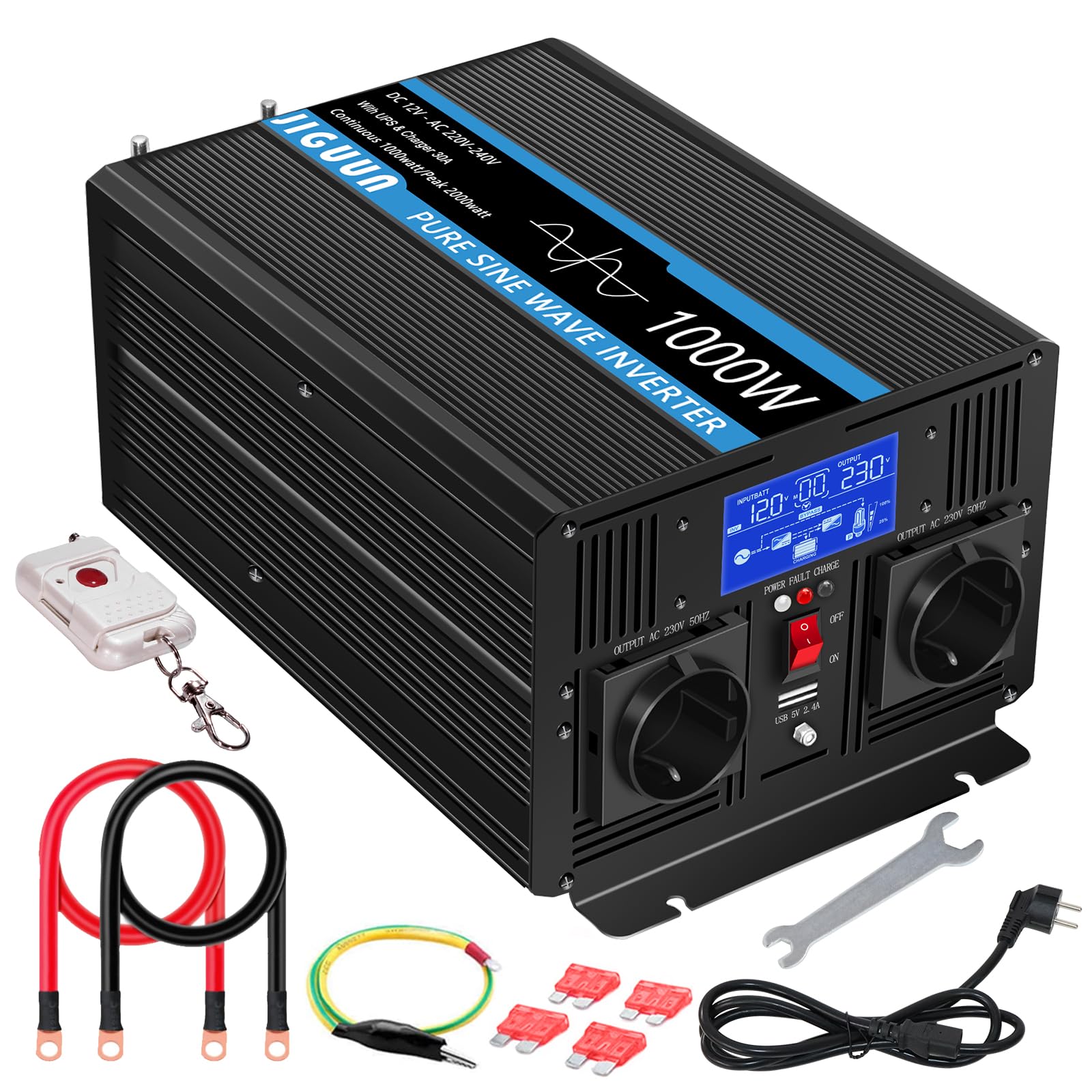 JIGUUN 1000W Wechselrichter Reiner Sinus Spannungswandler 12v 230v Mit 30A-Ladegerät und Netzvorrangschaltung und USV, 2 EU Steckdosen，Kabellose Fernbedienung und LCD-Anzeige von JIGUUN