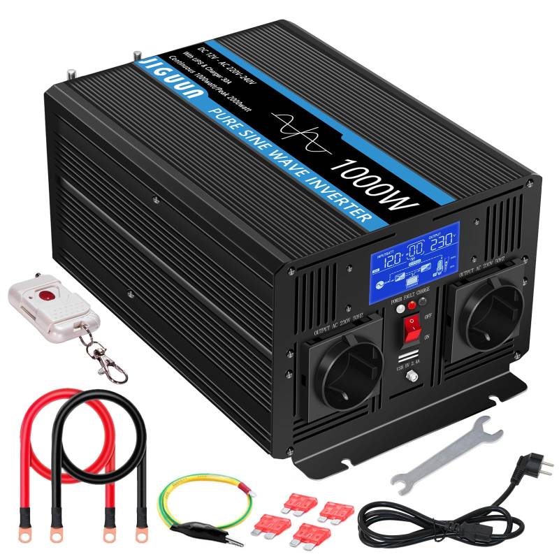 JIGUUN 1000W Wechselrichter Reiner Sinus Spannungswandler 12v 230v Mit 30A-Ladegerät und Netzvorrangschaltung und USV, 2 EU Steckdosen，Kabellose Fernbedienung und LCD-Anzeige von JIGUUN