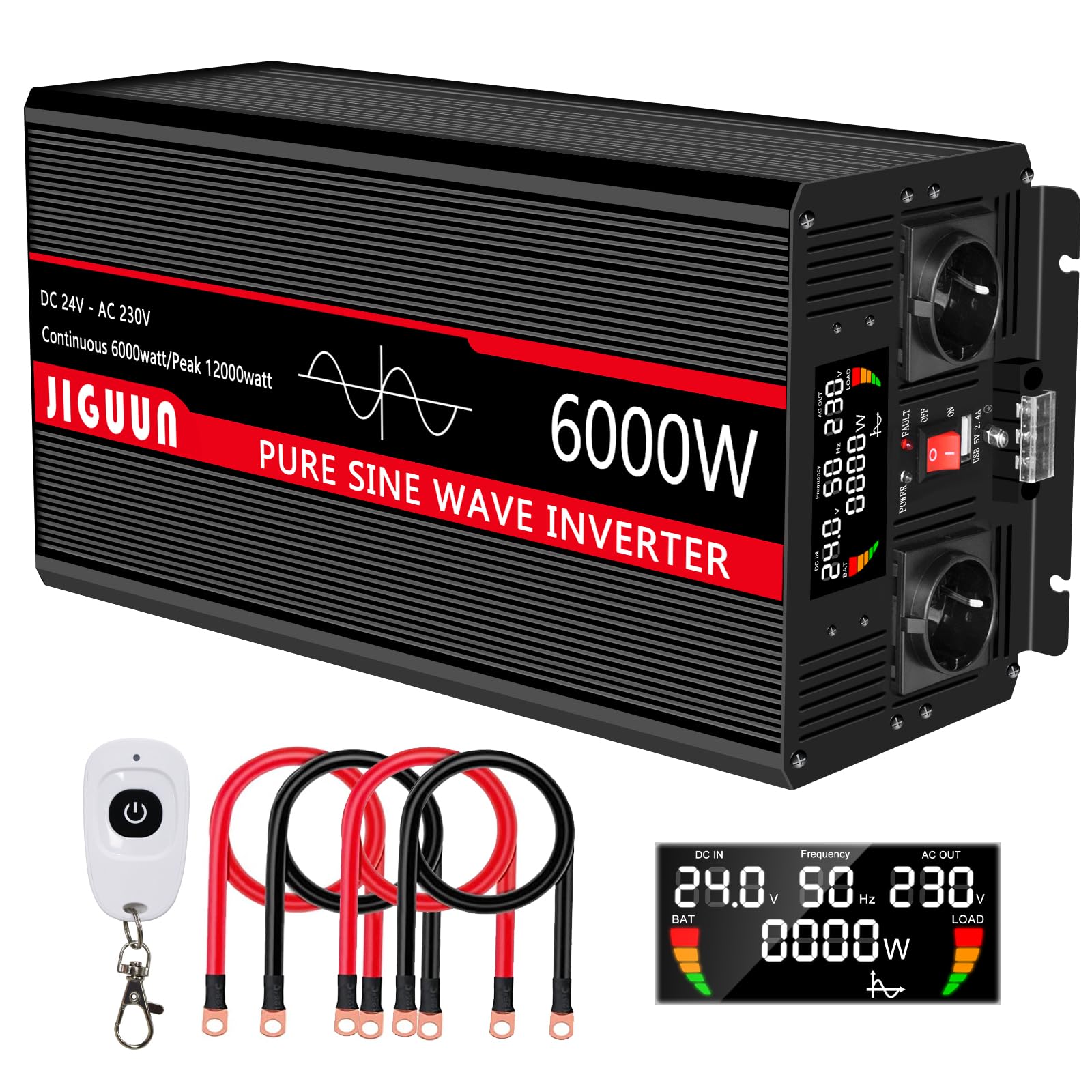 JIGUUN 6000W Wechselrichter Reiner Sinus Spannungswandler 24V 230V mit 2 EU Steckdosen& 2.4A USB Ausgang,Kabellose Fernbedienung und LCD-Anzeige Spitzenleistung 12000W für LKW Camping von JIGUUN