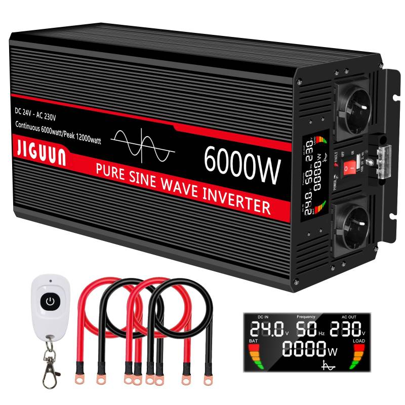 JIGUUN 6000W Wechselrichter Reiner Sinus Spannungswandler 24V 230V mit 2 EU Steckdosen& 2.4A USB Ausgang,Kabellose Fernbedienung und LCD-Anzeige Spitzenleistung 12000W für LKW Camping von JIGUUN