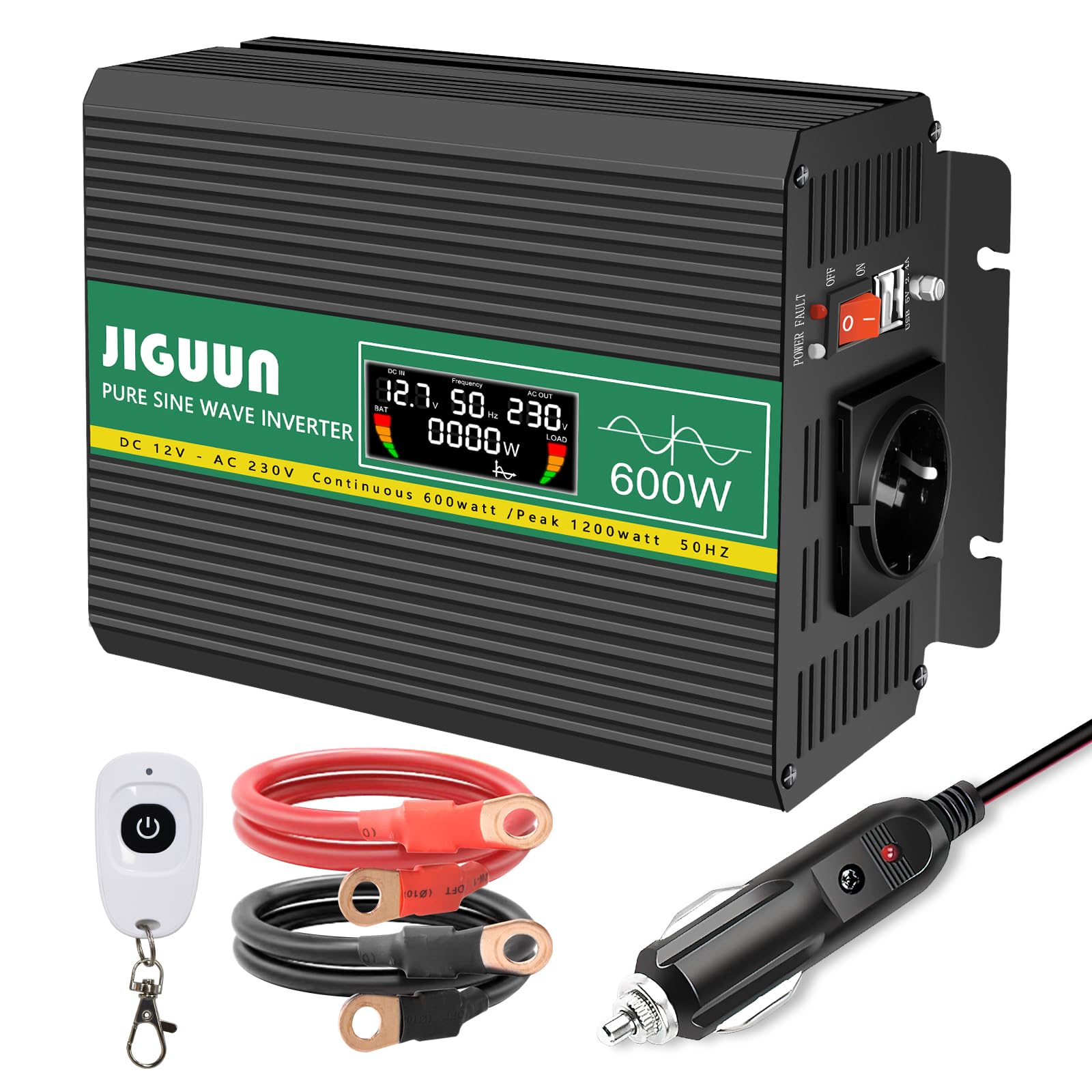 JIGUUN 600W Wechselrichter Reiner Sinus Spannungswandler 12v 230v Inverter Mit EU-Steckdose und 2 USB-Ausgängen 2,4A，Kabellose Fernbedienung und LCD-Anzeige Spitzenleistung 1200W von JIGUUN