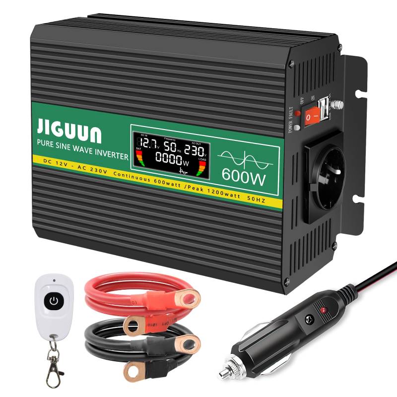 JIGUUN 600W Wechselrichter Reiner Sinus Spannungswandler 12v 230v Inverter Mit EU-Steckdose und 2 USB-Ausgängen 2,4A，Kabellose Fernbedienung und LCD-Anzeige Spitzenleistung 1200W von JIGUUN