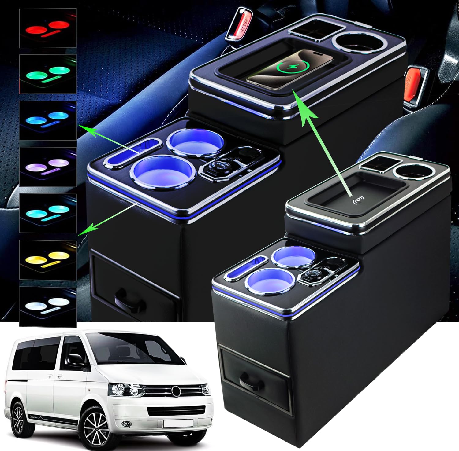 JINBZZON Mittelkonsole mit 7 Farben LED-Leuchten und Kabellosem Induktivem Laden Kompatibel mit VW T4 T5 T6 T7 T6.1 2003-2019, Acrylplatte Armlehne Leder Zubehör mit USB und LED-Leuchten, Schwarz von JINBZZON