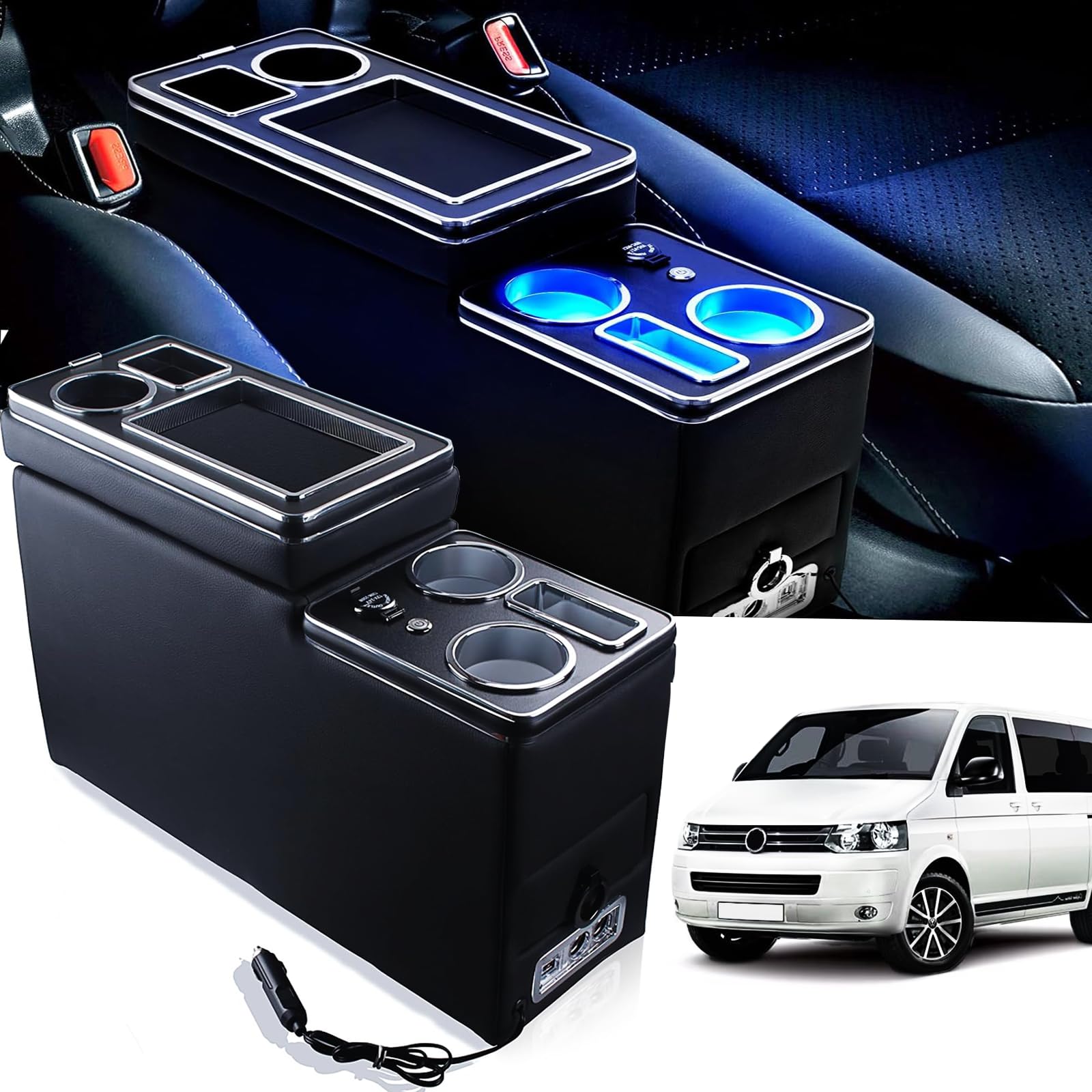 JINBZZON Mittelkonsole mit Ablagen Staufach kompatibel mit VW T4 T5 T6 T6.1 T7 2003-2019, Leder Zubehör mit USB, Blu LED-Leuchten und Zigarettenanzünder, Schwarz von JINBZZON