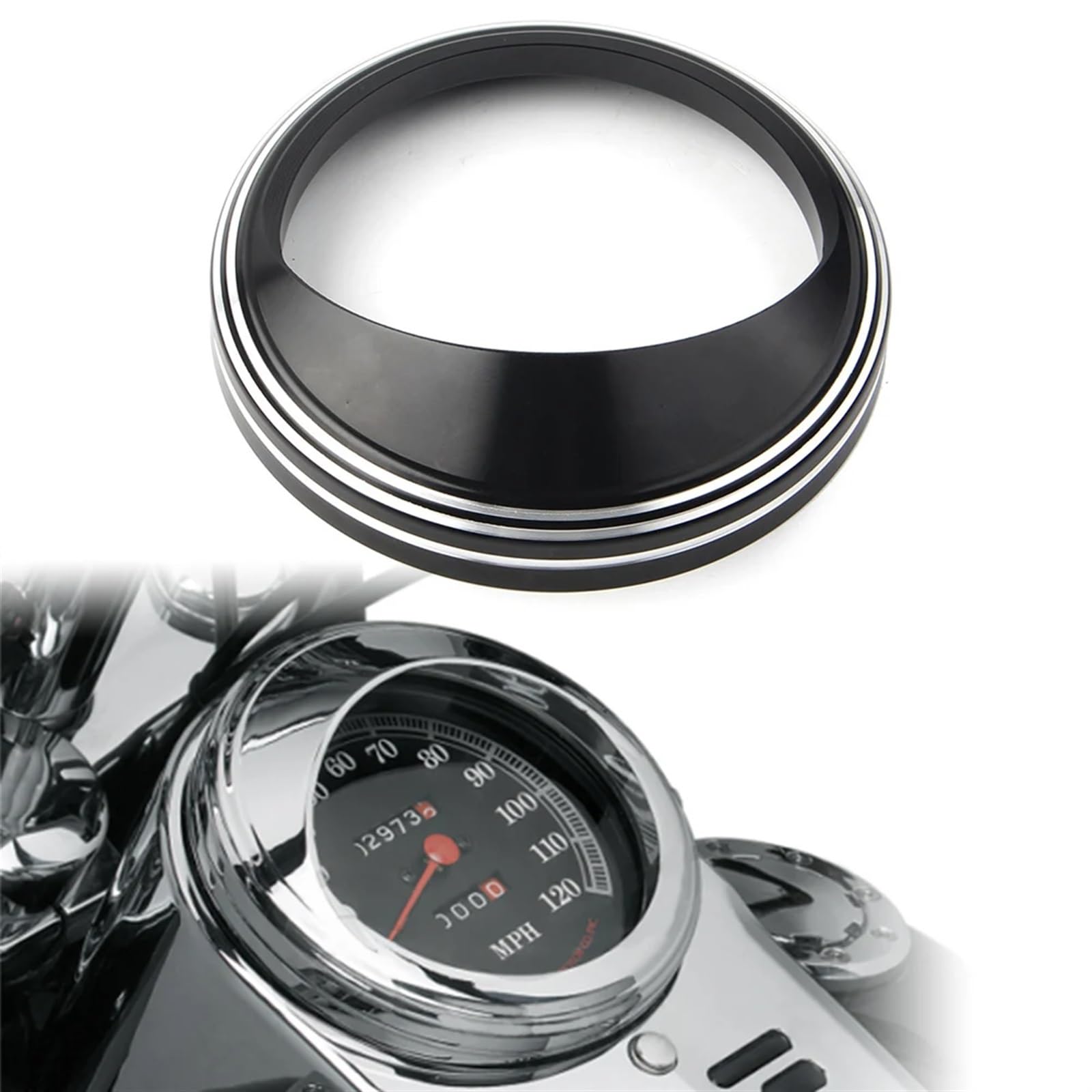 JINFOLI Motorrad-Tachometer-Zierblende, Blendenring, Visierabdeckung, for Harley, Touring, Road King, Dyna, Softail mit 5-Zoll-Tachometer Tacho-Zierring(Black n Chrome) von JINFOLI