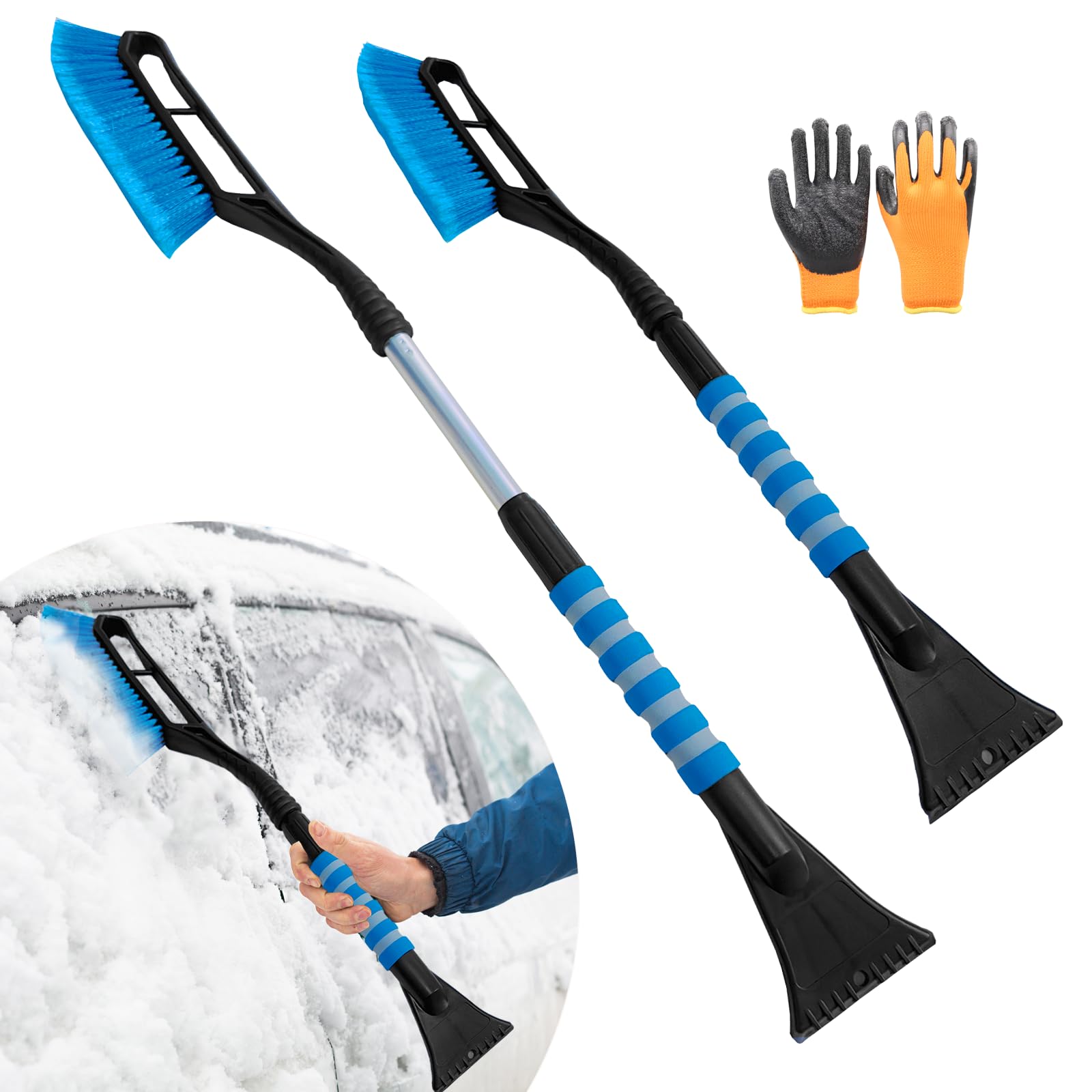 JINGTOPS Eiskratzer Auto mit Besen,2 in 1 Scheibenkratzer Schneebürste, Schneebesen Auto Lang Teleskopstiel 78-93cm, Schneekratzer Auto Set mit Handschuh, Auto Zubehör für PKW LKW SUV Fenster (Blau) von JINGTOPS