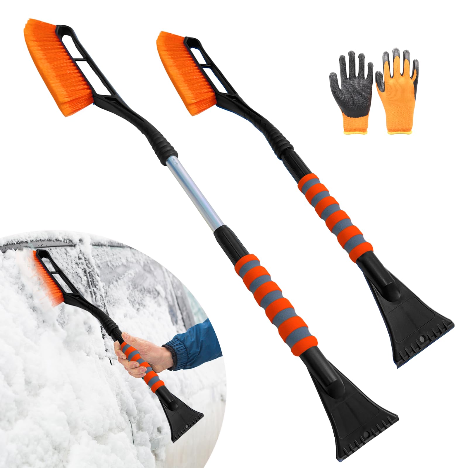 JINGTOPS Eiskratzer Auto mit Besen,2 in 1 Scheibenkratzer Schneebürste, Schneebesen Auto Lang Teleskopstiel 78-93cm, Schneekratzer Auto Set mit Handschuh, Auto Zubehör für PKW LKW SUV Fenster(orange) von JINGTOPS