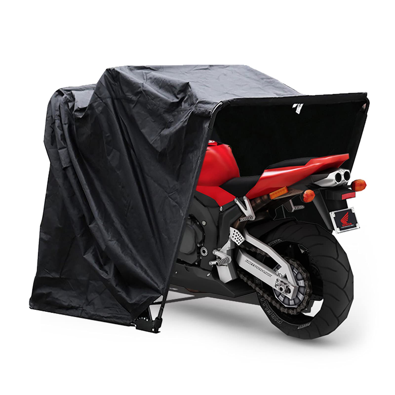 Motorrad Abdeckplane, Klappbarer Wasserdicht Motorrad Abdeckplane Outdoor mit Edelstahlgestell, Oxford Stoff Abdeckhaube, 600D, 269 x 104 x 155cm Motorradgarage Kratzfestes Staubdicht Wasserdicht von JINPRDAMZ