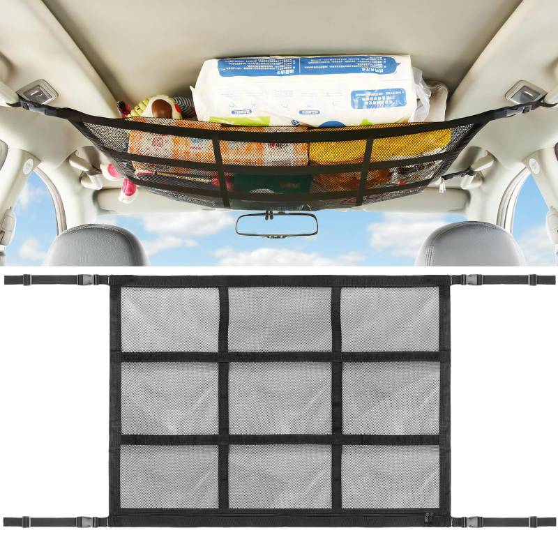 JINYJIA Gepäcknetz Auto für Aufbewahrung, 90 × 65 cm Autodach Gepäcknetz Decke, Universal Auto Gepäcknetz mit Reißverschluss, Gepäcknetz Wohnmobil für die Meisten Fahrzeugtypen von JINYJIA