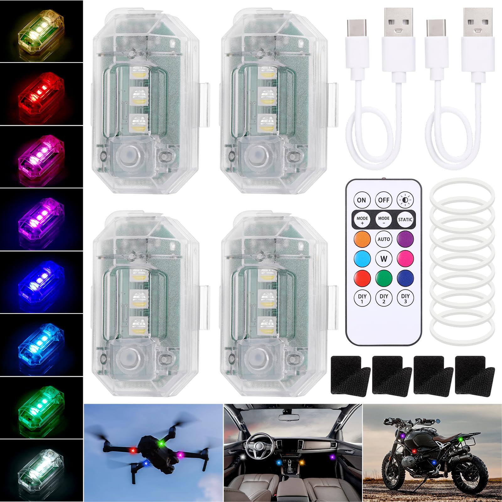 JIZZU 4 Stück Drahtloses Auto LED-Blitzlichter Akku mit Fernbedienung, 8 Farbiges USB-Aufladung Antikollisionslichter für Outdoor Camping Aktivitäten, Auto, Drohne, LKW, Motorrad, Fahrrad von JIZZU