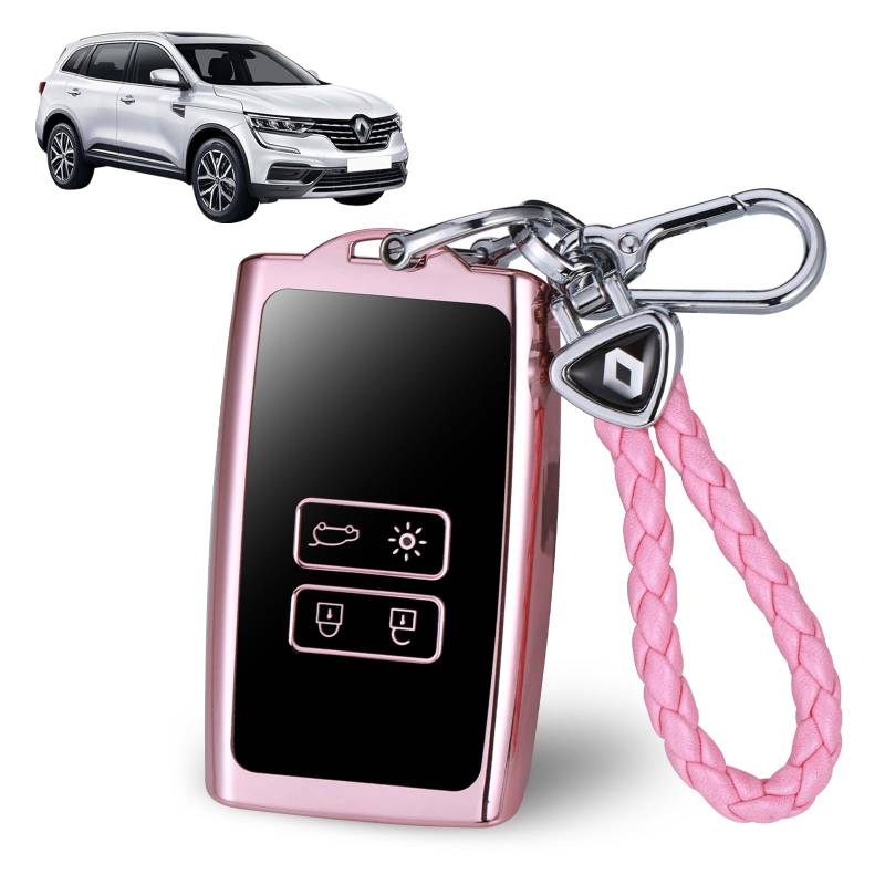 JIZZU Autoschlüssel Hülle für Renault, 4 Tasten Keyless Smart TPU Schlüsselhülle mit Schlüsselanhänger, TPU Smart Key Case, Renault-Schutzhülle für Autoschlüssel-Rosa von JIZZU