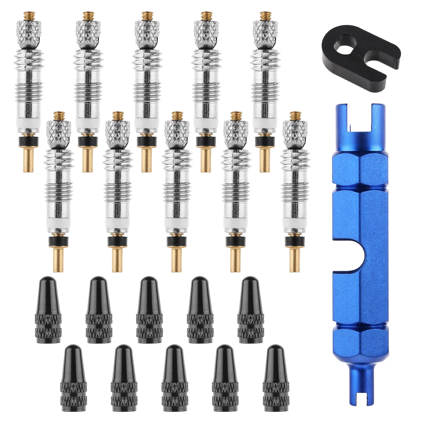 JJUNW 22 Stück Presta-Ventilkernset, Französisches Ventil Adapter Sclaverandventil Ersatz Ventilschraube Ventilschlüssel Ventilkappen Fahrradventil Adapter für Fahrräder Mountainbikes von JJUNW