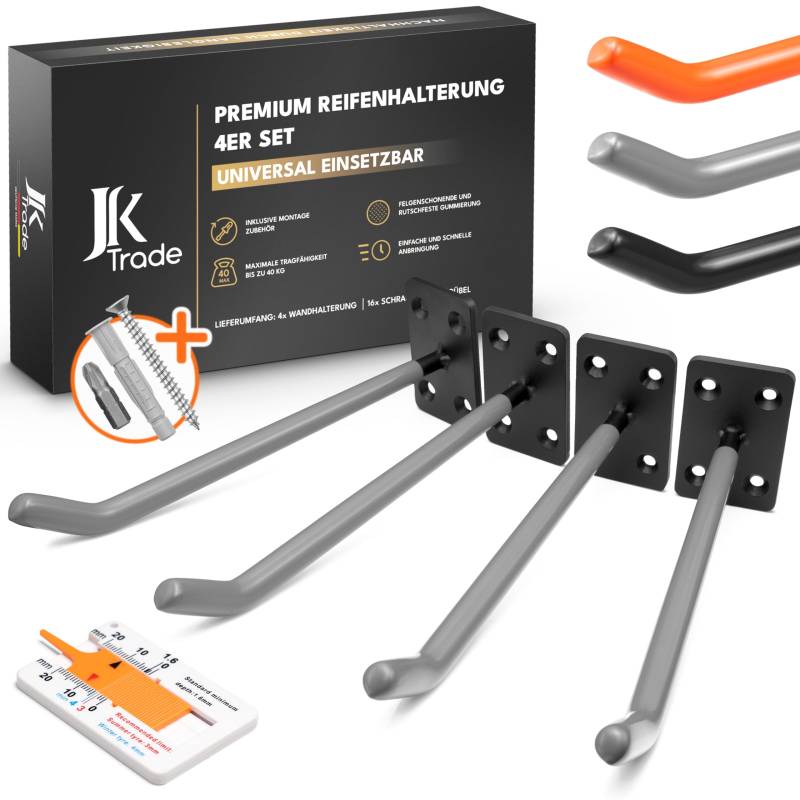 JK Trade® 4er Reifen Wandhalterung Set für Auto Felgen inkl. Schrauben und Dübel Set, Felgenschoner Wand Haken zum Schrauben für Autoreifen, Gartengeräte, Alufelgen, 40 kg Belastung (Grau V1) von JK Trade