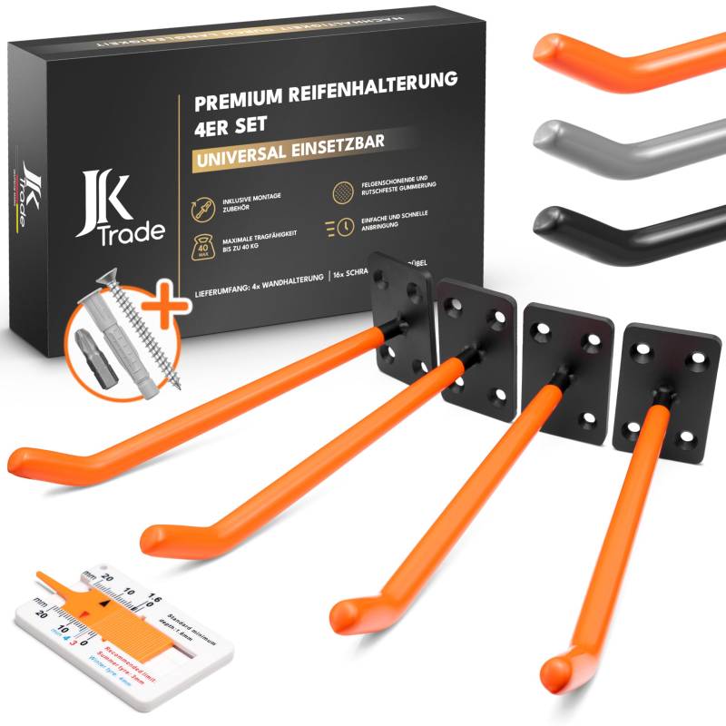 JK Trade® 4er Reifen Wandhalterung Set für Auto Felgen inkl. Schrauben und Dübel Set, Felgenschoner Wand Haken zum Schrauben für Autoreifen, Gartengeräte, Alufelgen, 40 kg Belastung (Orange V1) von JK Trade