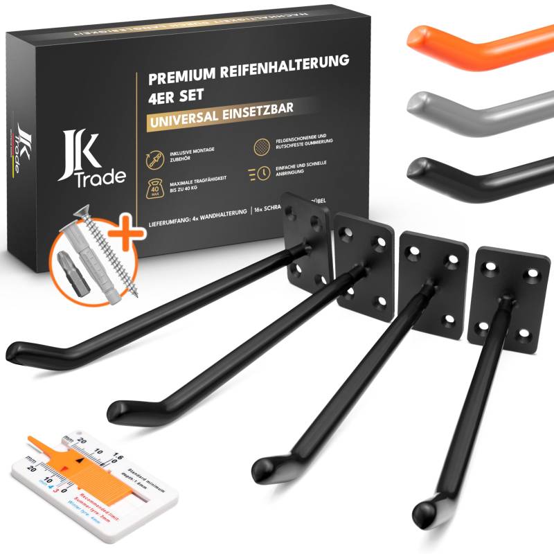 JK Trade® 4er Reifen Wandhalterung Set für Auto Felgen inkl. Schrauben und Dübel Set, Felgenschoner Wand Haken zum Schrauben für Autoreifen, Gartengeräte, Alufelgen, 40 kg Belastung (Schwarz V1) von JK Trade