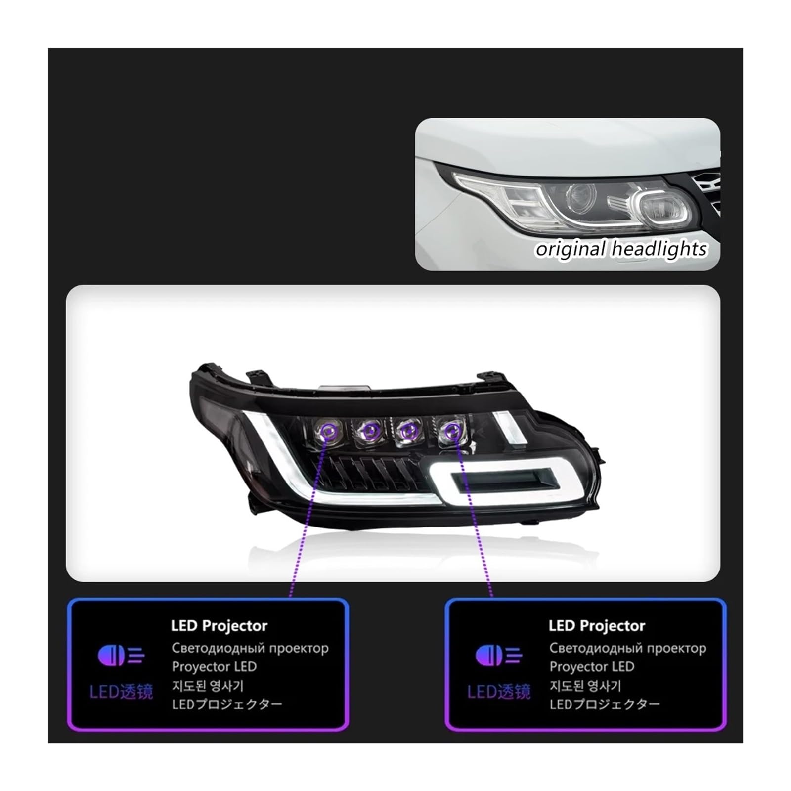 Autoscheinwerfer Kompatibel for Range Rover Sport 2013-2018 LED-Autolampen Tagfahrlicht Dynamische Blinker Autozubehör(Four Lens) von JLPOCRBJ