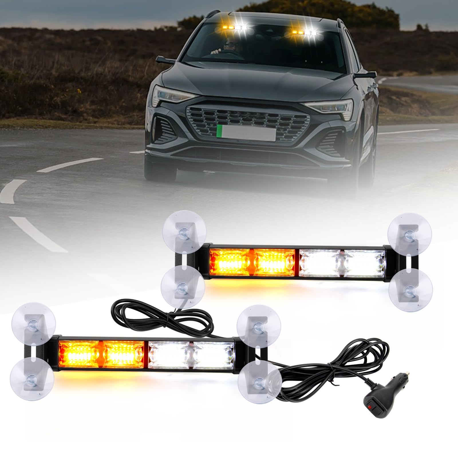 JMEST LEAD Amber & White Windshield Strobe Lights for Trucks, 2 in 1 Car Windshield Dash Strobe Warning Lights, 48-LED Emergency Strobe Light Flashing Beacon Light 20 Modes for Cars Van Vehicles von JMEST LEAD