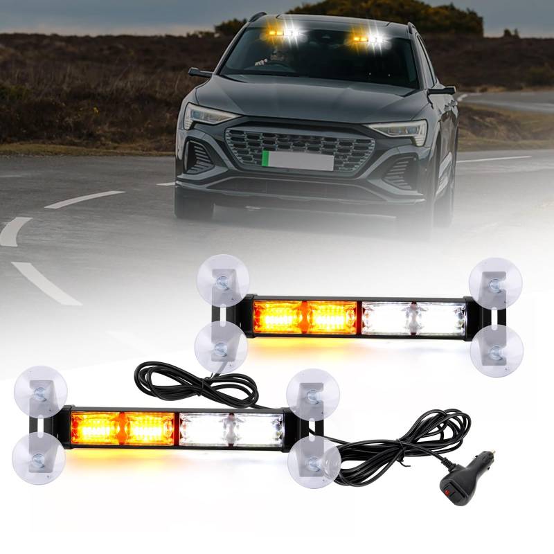 JMEST LEAD Amber & White Windshield Strobe Lights for Trucks, 2 in 1 Car Windshield Dash Strobe Warning Lights, 48-LED Emergency Strobe Light Flashing Beacon Light 20 Modes for Cars Van Vehicles von JMEST LEAD