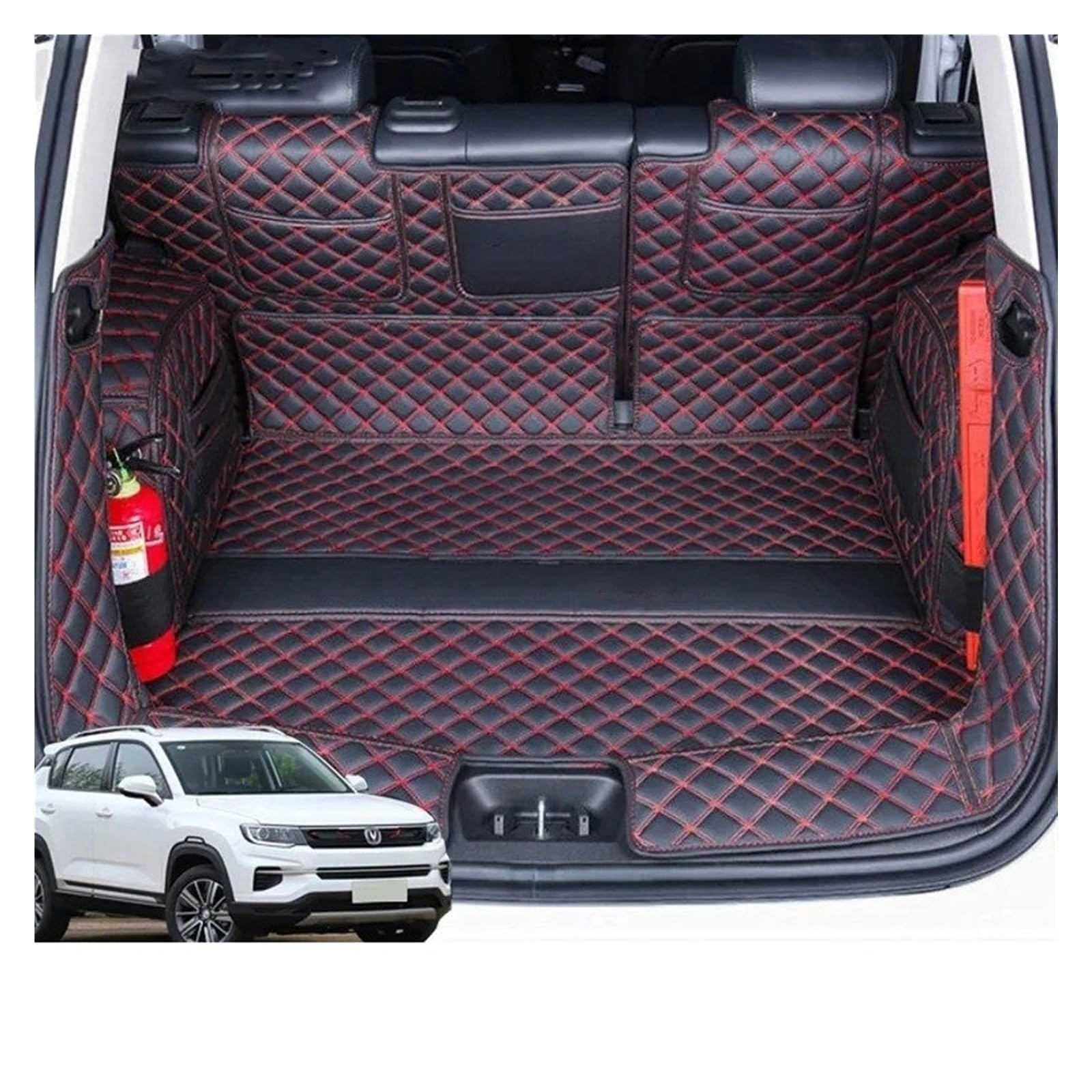 Auto Kofferraummatte Für Changan CS35 Für Plus Stamm Matte Leder Langlebige Cargo-Liner Boot Teppiche Hinten Innen Dekoration Zubehör Volle Abdeckung Kofferraum Schutzmatte(Red Full Covers) von JMOLXURI