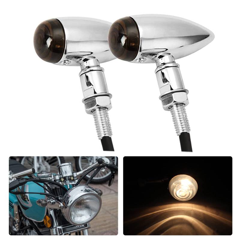 JMTBNO 2x Motorrad Mini Blinker Licht E-geprüft Halogen Bullet Aluminium Chrom 12V für Cruiser Chopper Bobber Cafe Racer Roller Quad Fahrrad von JMTBNO