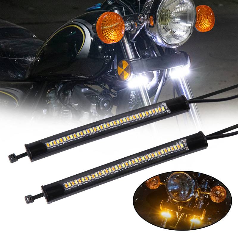 JMTBNO 2pcs Motorrad Gabel LED Blinker Lichtstreifen Flexible Weiß & Bernstein Motorrad Blinker DRL Tagfahrlicht Wasserdicht Universal Für Motorräder (39mm-70mm) von JMTBNO