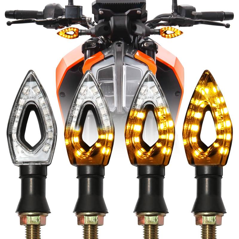 JMTBNO 4Pcs LED Motorrad Blinker E-geprüft 12 LEDs Miniblinker Bernstein 12V Universal Sequentiell Lauflicht Tagfahrlicht Wasserdicht M10 für Street Bike Sport Bike Cruiser Roller Scooter Quad von JMTBNO