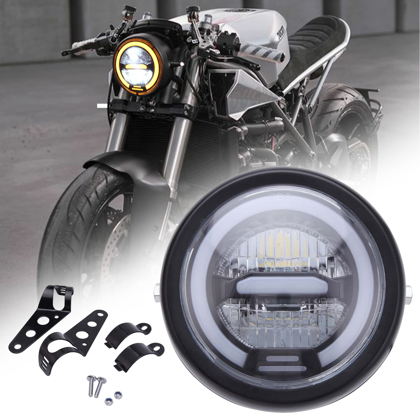 JMTBNO 6.5" Motorrad LED Frontscheinwerfer Schwarz 12V Universal Scheinwerfer Gelbe Halo Lauflicht mit Halterung Kompatibel mit Honda Yamaha Suzuki Harley Cruiser Bobber Chopper Cafe Racer Retro von JMTBNO