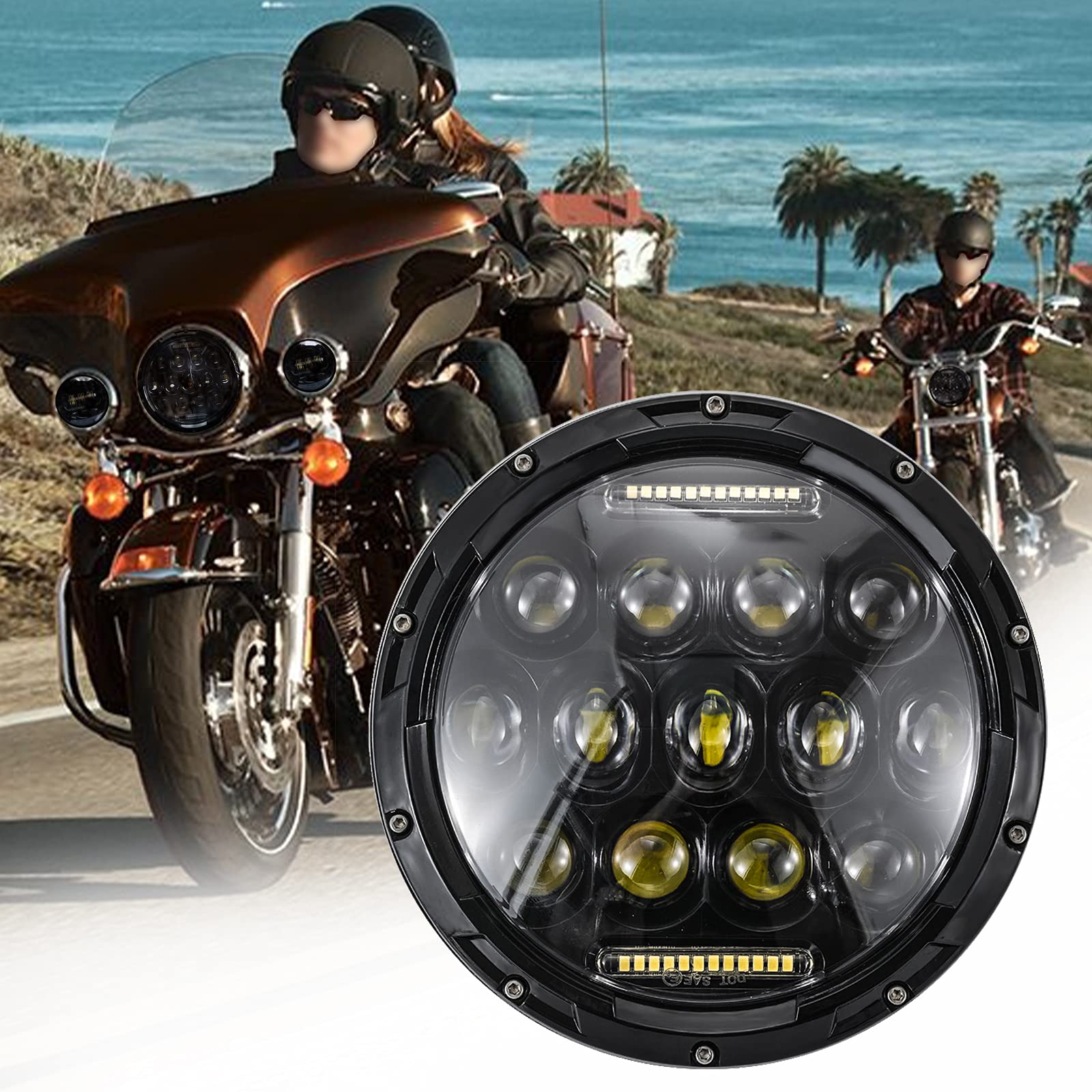 JMTBNO 7 Zoll Motorrad LED Scheinwerfer E Geprüft DRL Runder Fahrlicht 12V Kompatibel mit Harley Road King Street Glide Electra Glide Ultra Limited Softail Trike/Road Star V-Star von JMTBNO