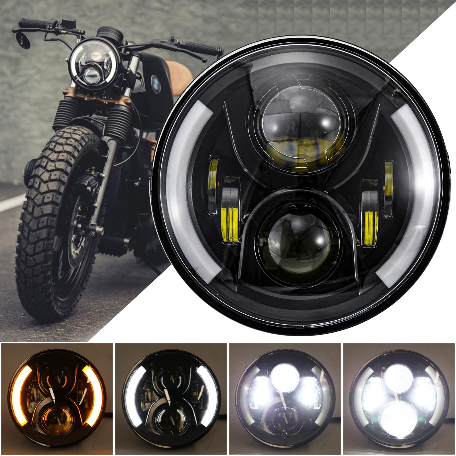 JMTBNO 7 Zoll Motorrad LED Scheinwerfer Runden DRL Weiß Blinker Bernstein Integration Scheinwerfer Kompatibel mit Harley Touring Road King Ultra Classic Electra Street Glide Tri Cvo Heritage Softail von JMTBNO