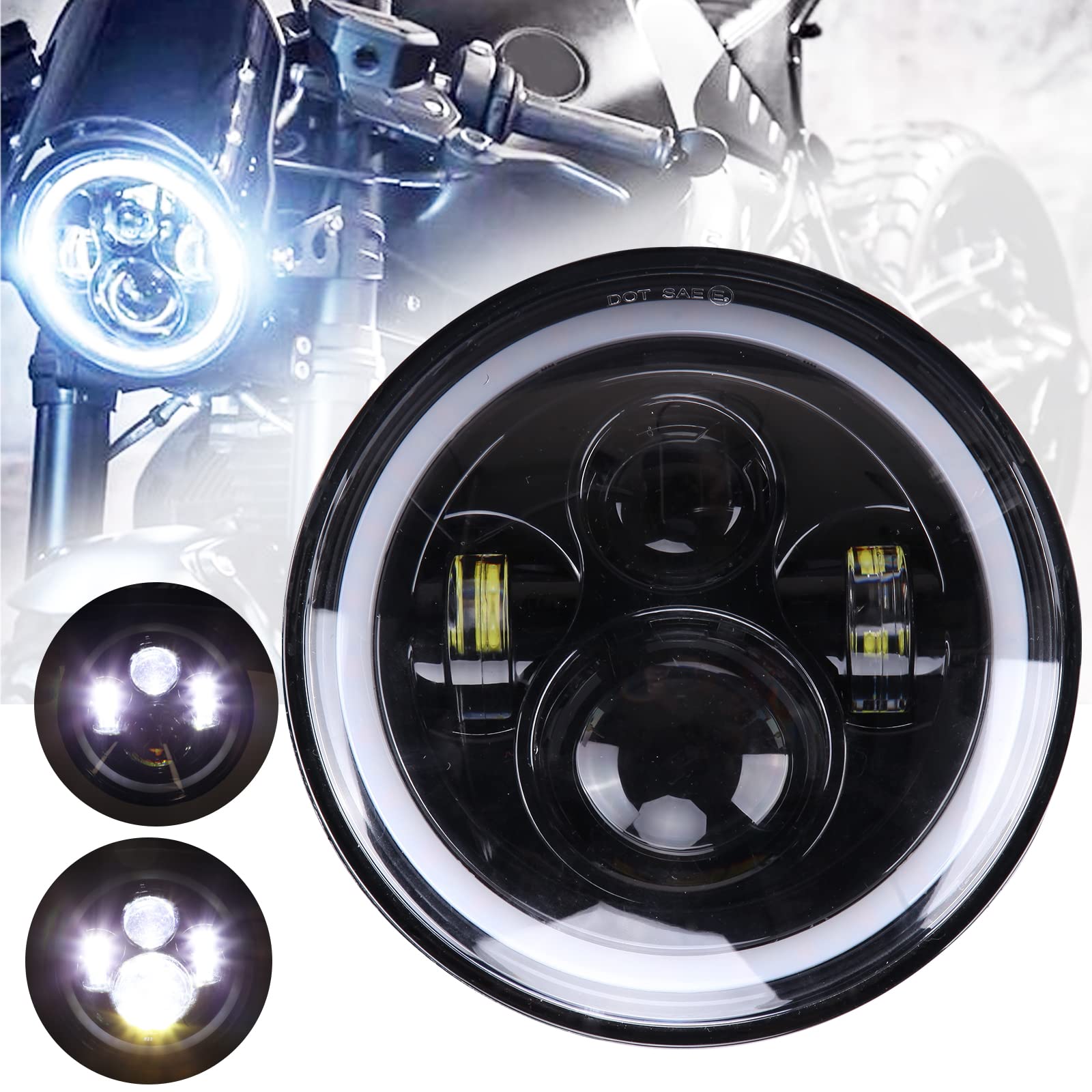 JMTBNO 7 Zoll Motorrad LED Scheinwerfer mit Rundem DRL + Bernstein Blinker Scheinwerfer Kompatibel mit Harley Road King Street Glide Softail Electra Glide Jeep Wrangler JK TJ von JMTBNO